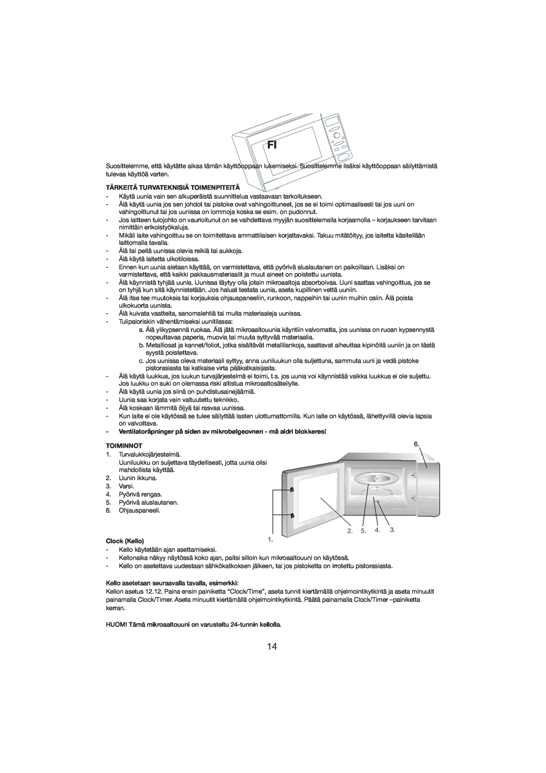 Melissa 253-001 manual Tärkeitä Turvateknisiä Toimenpiteitä, Toiminnot, Clock Kello 
