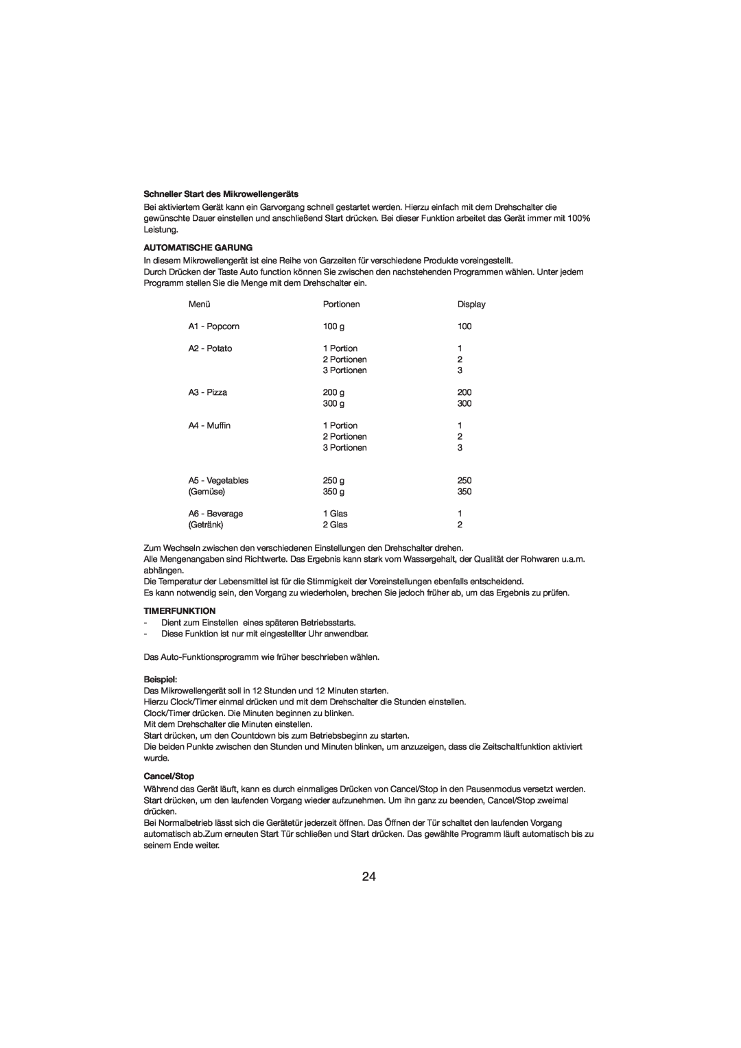 Melissa 253-001 manual Schneller Start des Mikrowellengeräts, Automatische Garung, Cancel/Stop, Timerfunktion 
