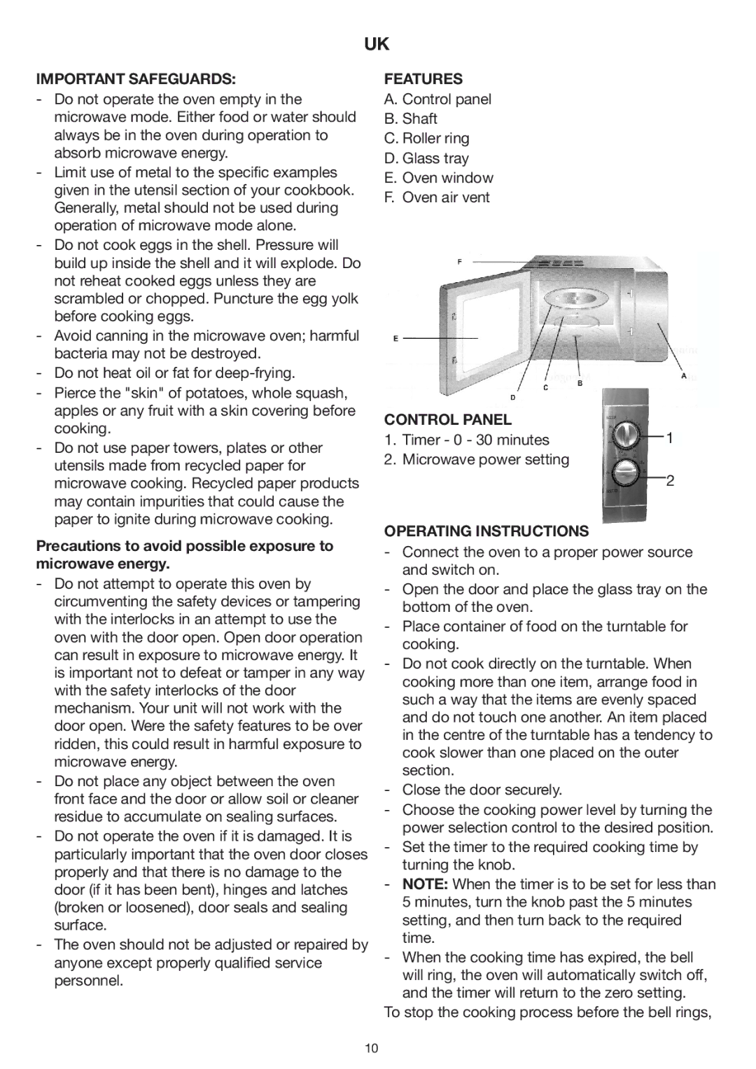 Melissa 253-002 Important Safeguards, Precautions to avoid possible exposure to microwave energy, Features, Control Panel 