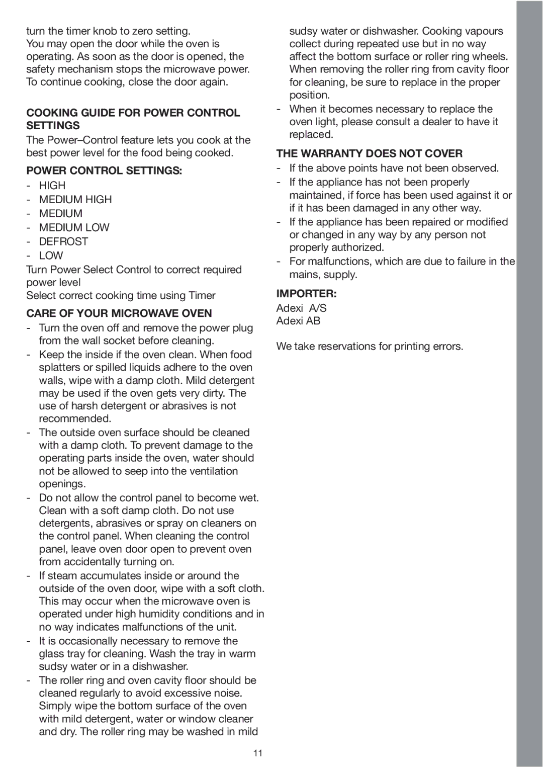 Melissa 253-002 Cooking Guide for Power Control Settings, Care of Your Microwave Oven, Warranty does not Cover, Importer 