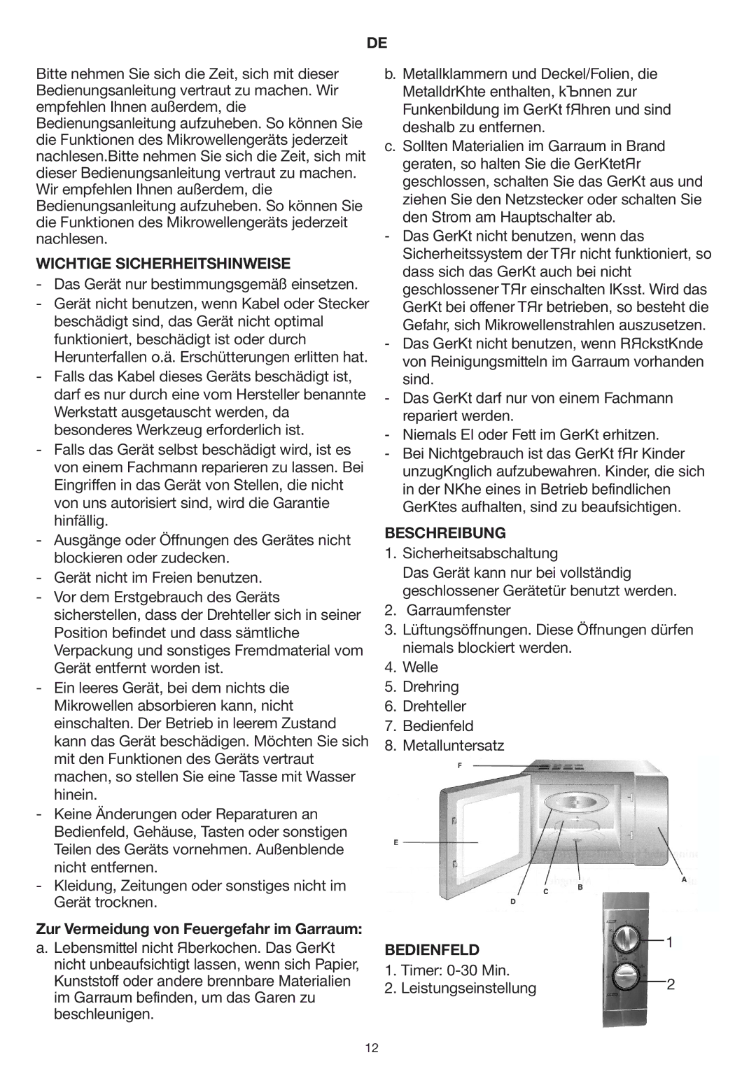 Melissa 253-002 manual Wichtige Sicherheitshinweise, Zur Vermeidung von Feuergefahr im Garraum, Beschreibung, Bedienfeld 