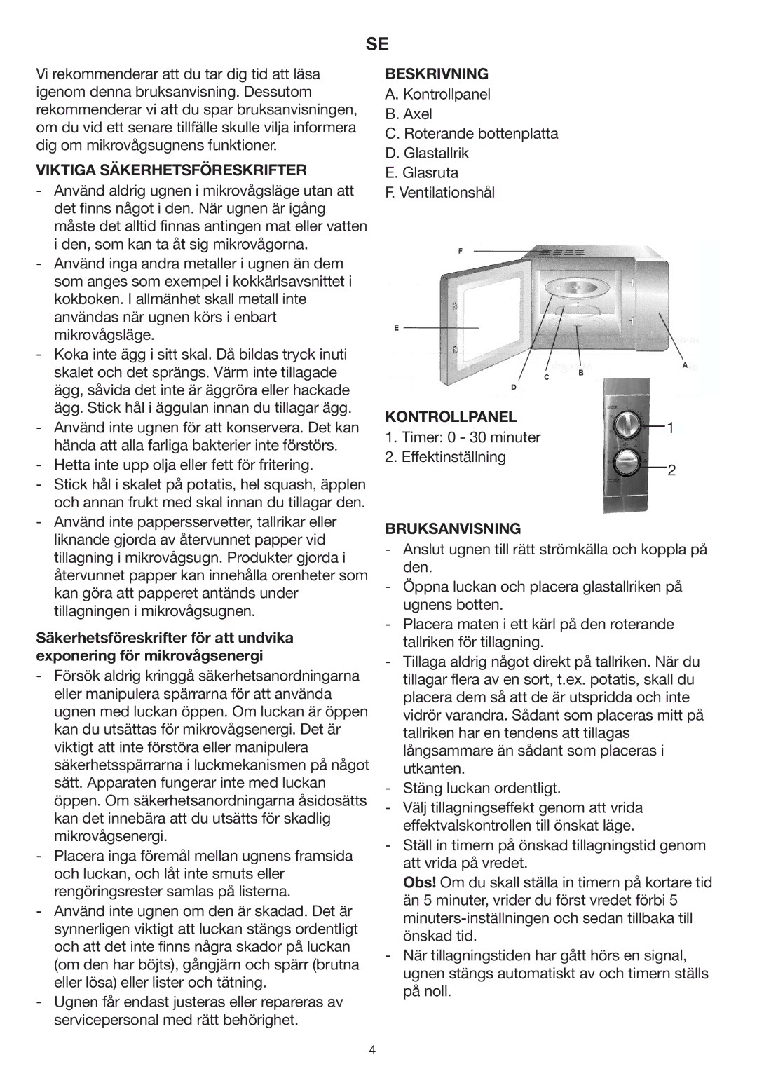 Melissa 253-002 manual Viktiga Säkerhetsföreskrifter, Beskrivning, Kontrollpanel, Bruksanvisning 