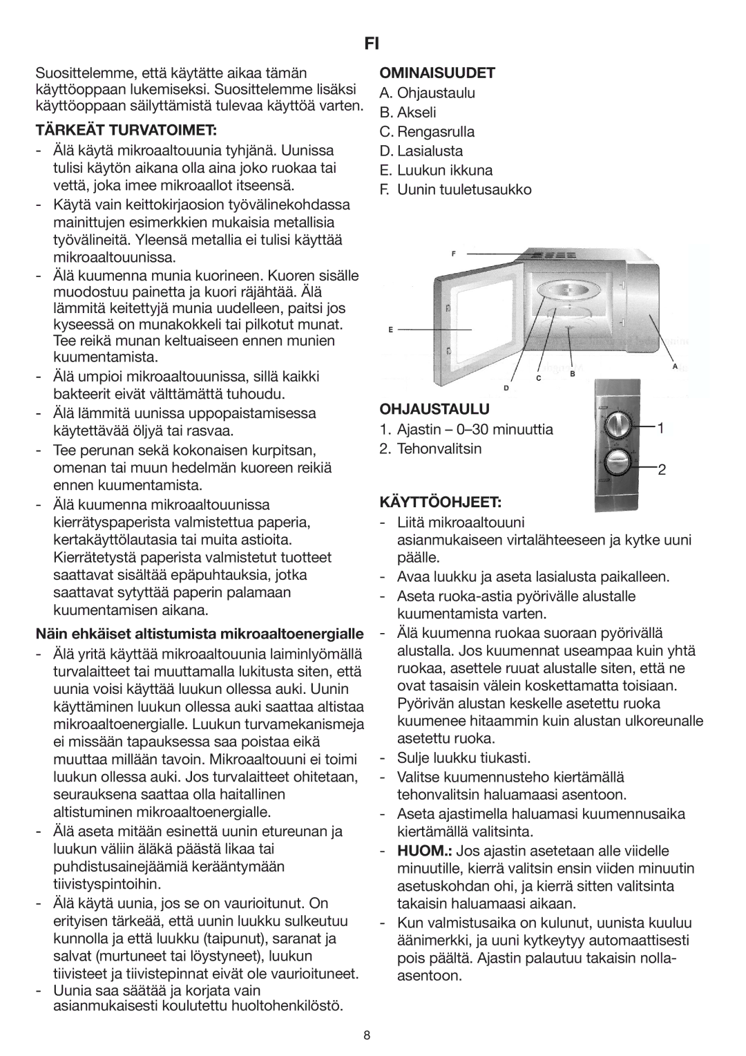 Melissa 253-002 manual Tärkeät Turvatoimet, Näin ehkäiset altistumista mikroaaltoenergialle, Ominaisuudet, Ohjaustaulu 