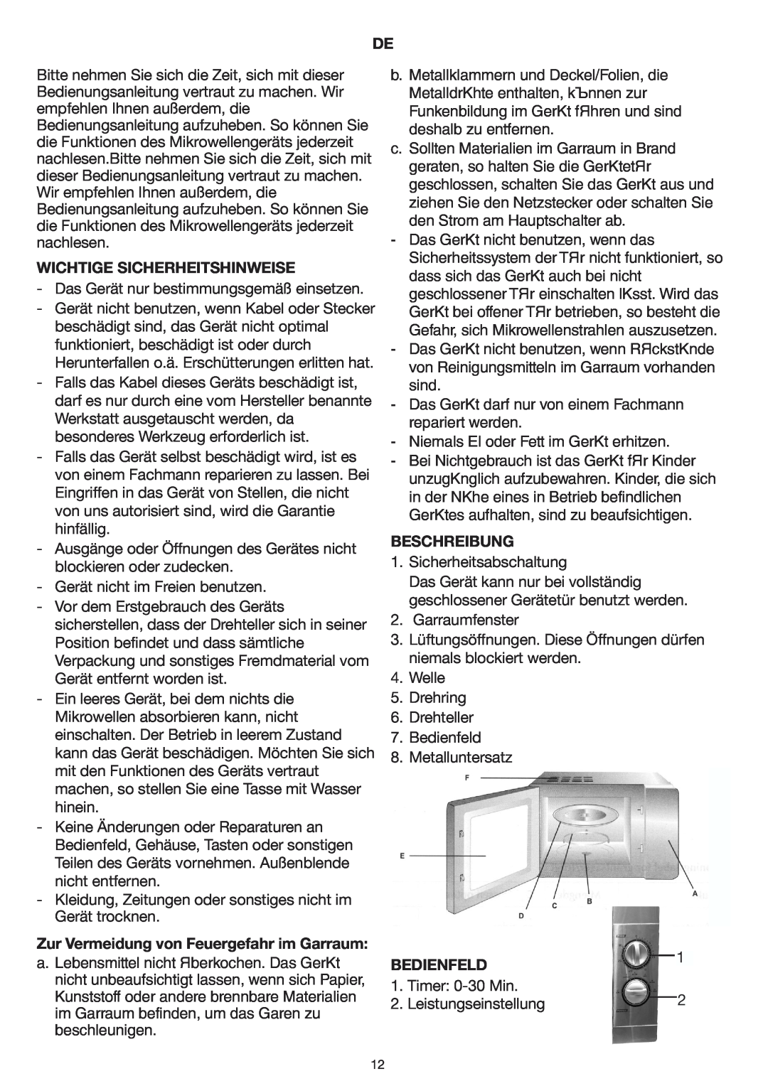 Melissa 253-002 manual Wichtige Sicherheitshinweise, Zur Vermeidung von Feuergefahr im Garraum, Beschreibung, Bedienfeld 