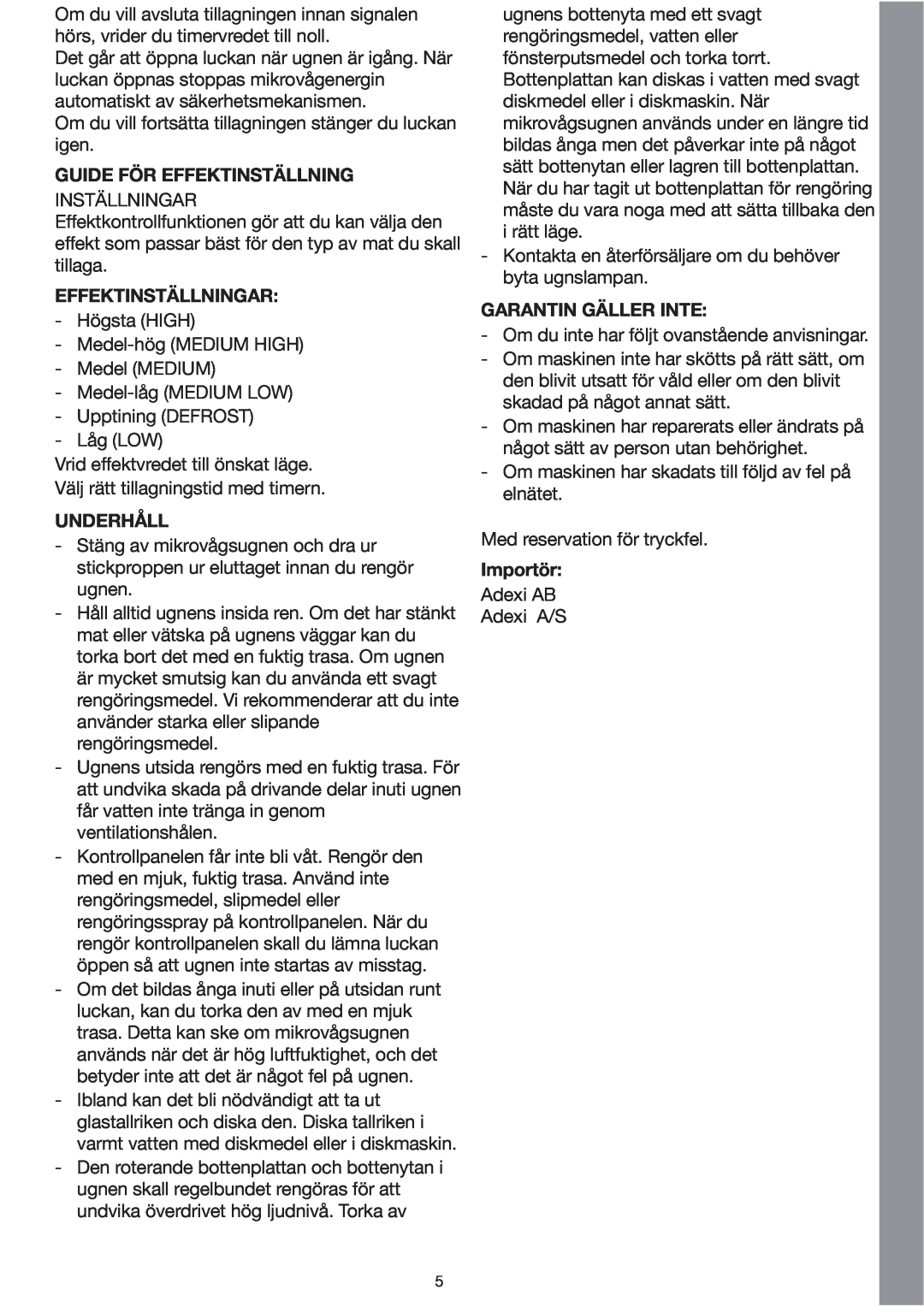 Melissa 253-002 manual Guide För Effektinställning, Effektinställningar, Underhåll, Garantin Gäller Inte, Importör 