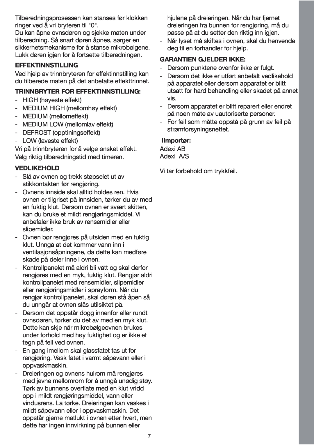 Melissa 253-002 manual Trinnbryter For Effektinnstilling, Vedlikehold, Garantien Gjelder Ikke, IImportør 