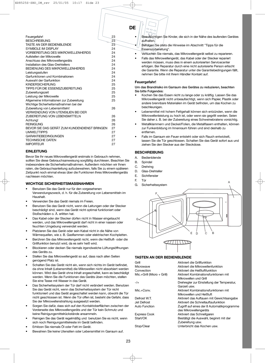 Melissa 253-003 manual Feuergefahr, Einleitung, Wichtige Sicherheitsmassnahmen, Beschreibung, Tasten AN DER Bedienblende 