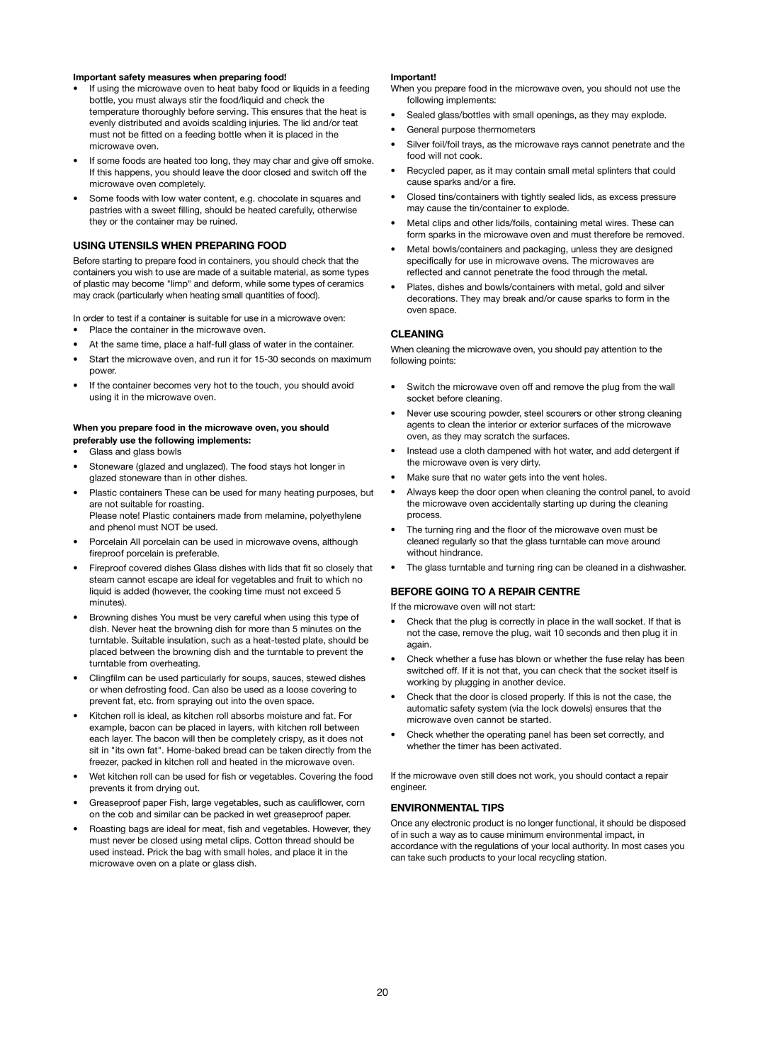 Melissa 253-006 manual Using Utensils When Preparing Food, Cleaning, Before Going to a Repair Centre, Environmental Tips 