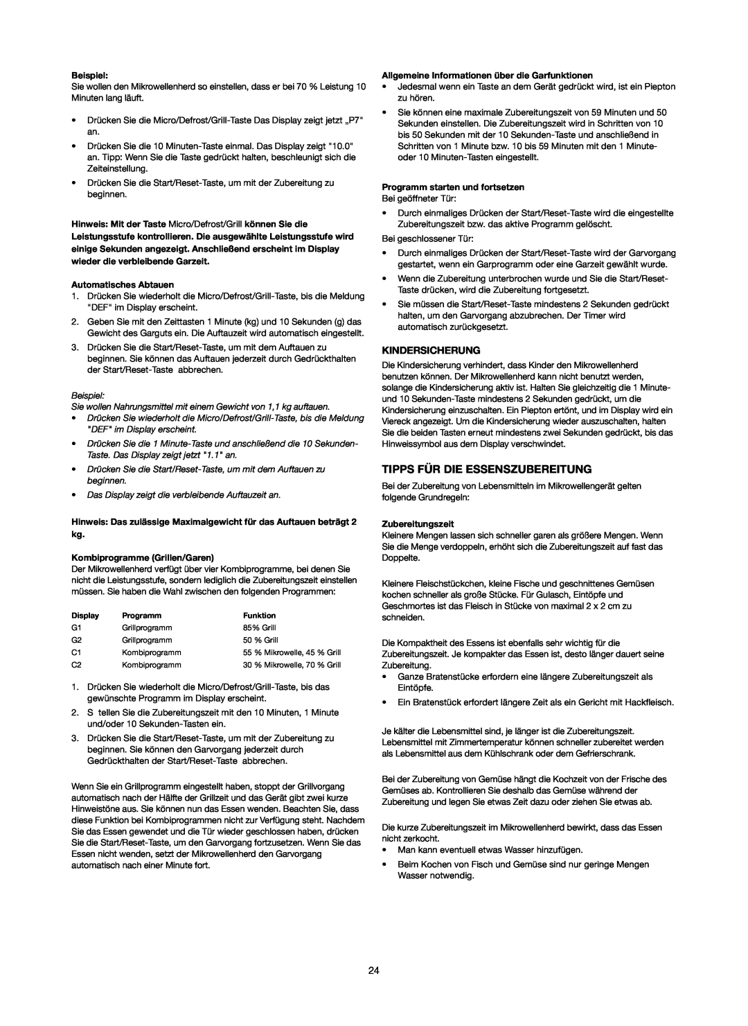 Melissa 253-006 manual Tipps Für Die Essenszubereitung, Kindersicherung, Beispiel, Automatisches Abtauen, Zubereitungszeit 