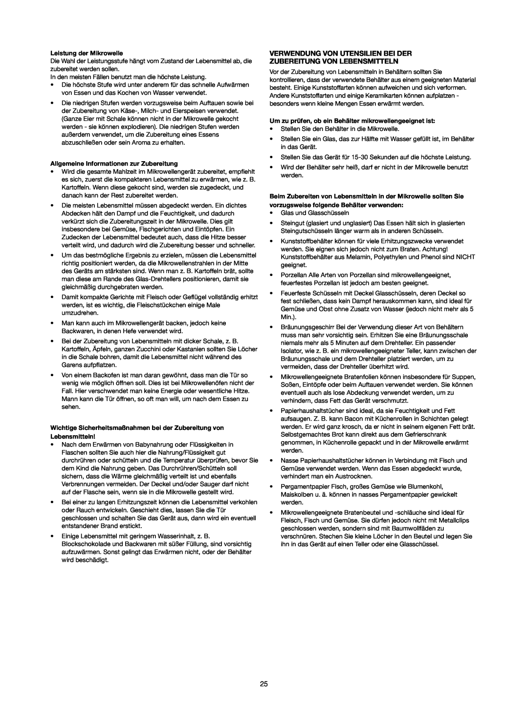 Melissa 253-006 manual Verwendung Von Utensilien Bei Der, Zubereitung Von Lebensmitteln, Leistung der Mikrowelle 