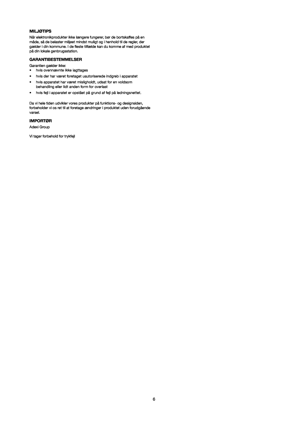 Melissa 253-006 manual Miljøtips, Garantibestemmelser, Importør 