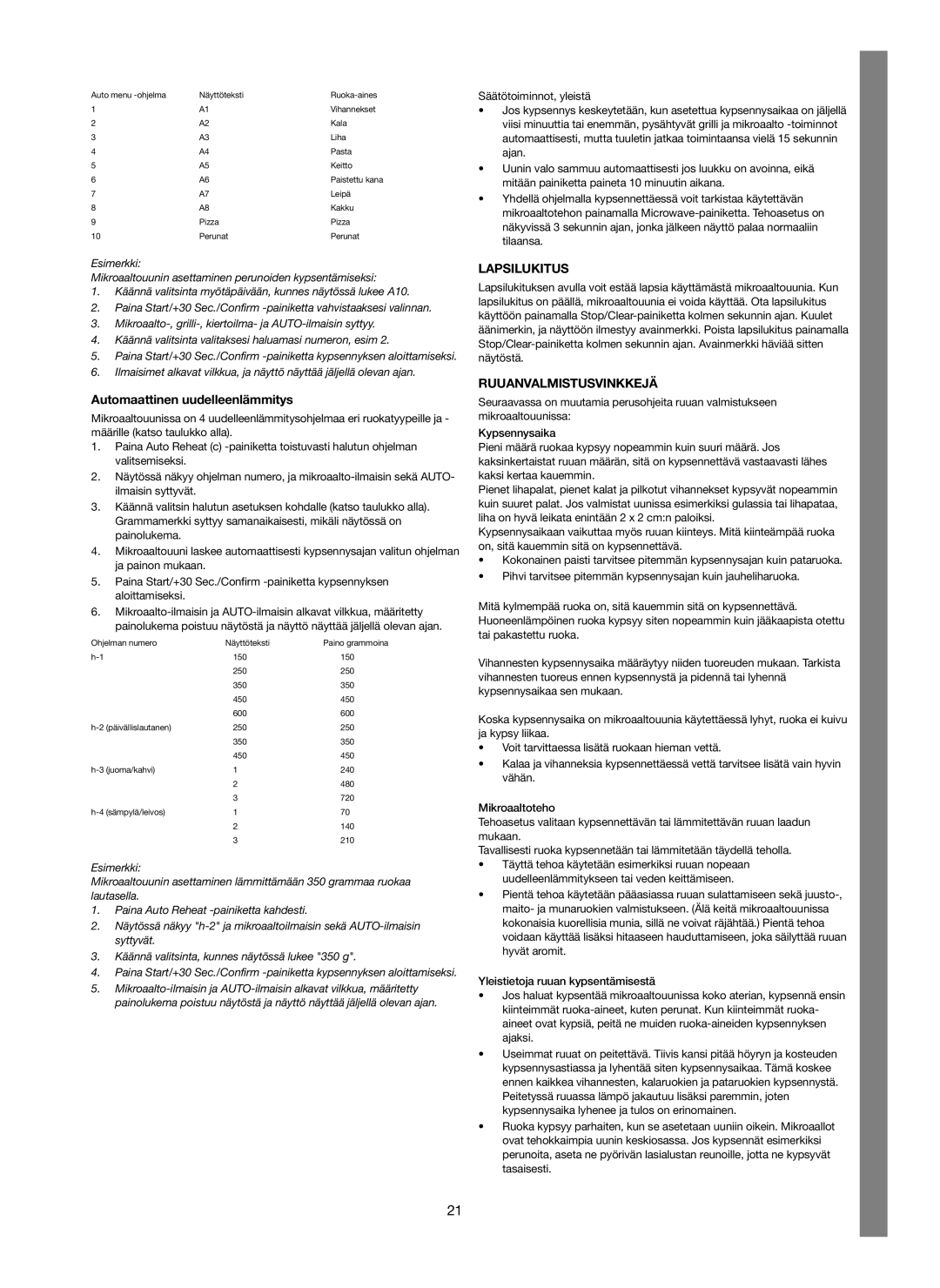 Melissa 253-012 manual Automaattinen uudelleenlämmitys, Lapsilukitus, Ruuanvalmistusvinkkejä 