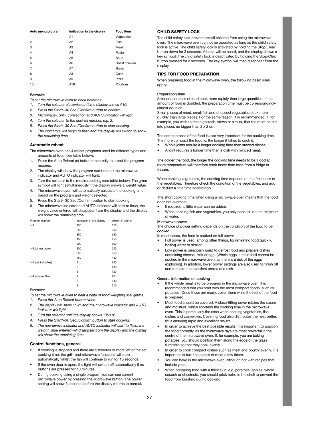 Melissa 253-012 manual Automatic reheat, Control functions, general, Child Safety Lock, Tips for Food Preparation 