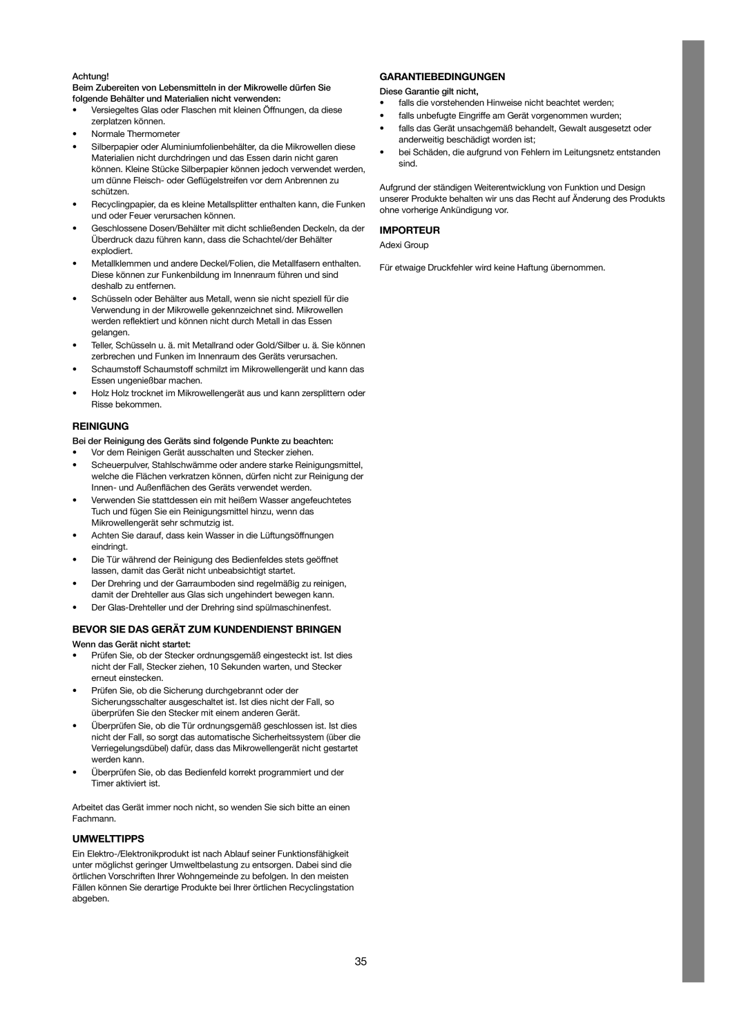 Melissa 253-012 manual Reinigung, Bevor SIE DAS Gerät ZUM Kundendienst Bringen, Umwelttipps, Garantiebedingungen, Importeur 