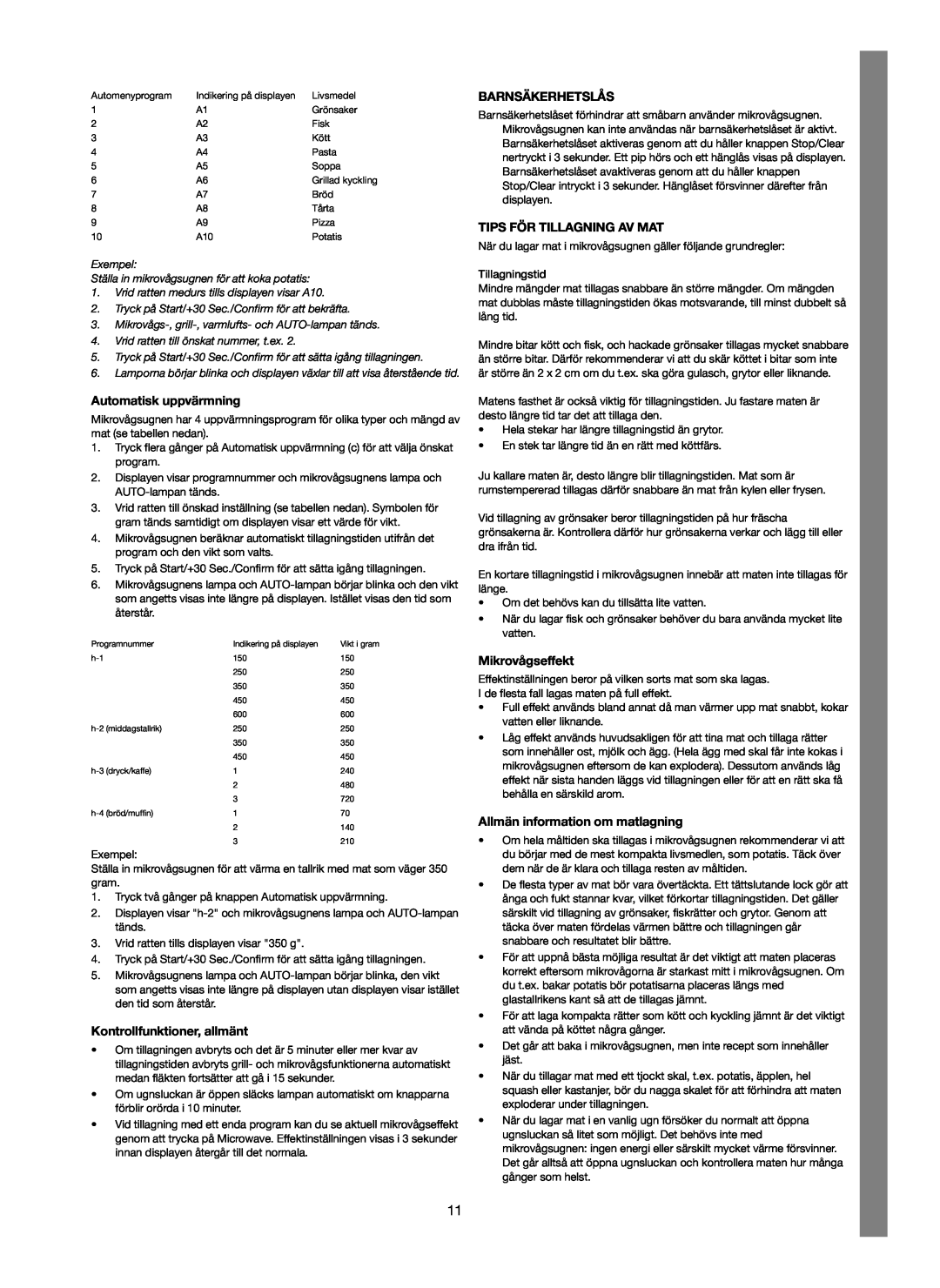 Melissa 253-012 manual Automatisk uppvärmning, Kontrollfunktioner, allmänt, Barnsäkerhetslås, Tips För Tillagning Av Mat 