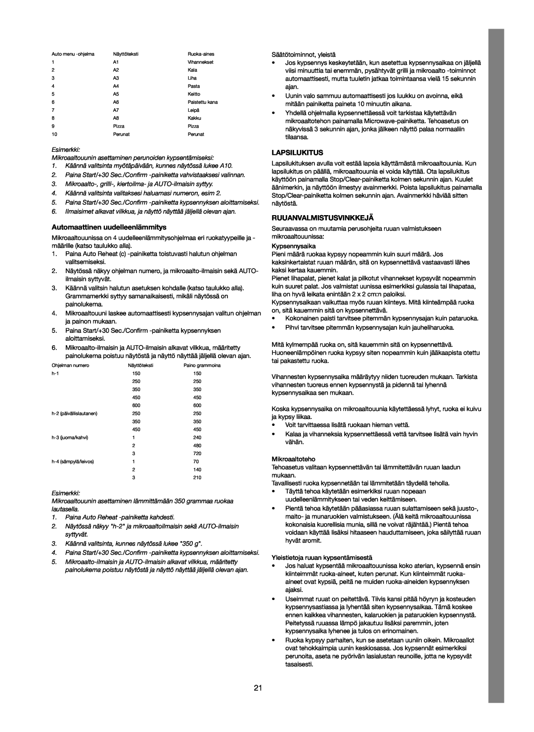Melissa 253-012 manual Automaattinen uudelleenlämmitys, Lapsilukitus, Ruuanvalmistusvinkkejä 
