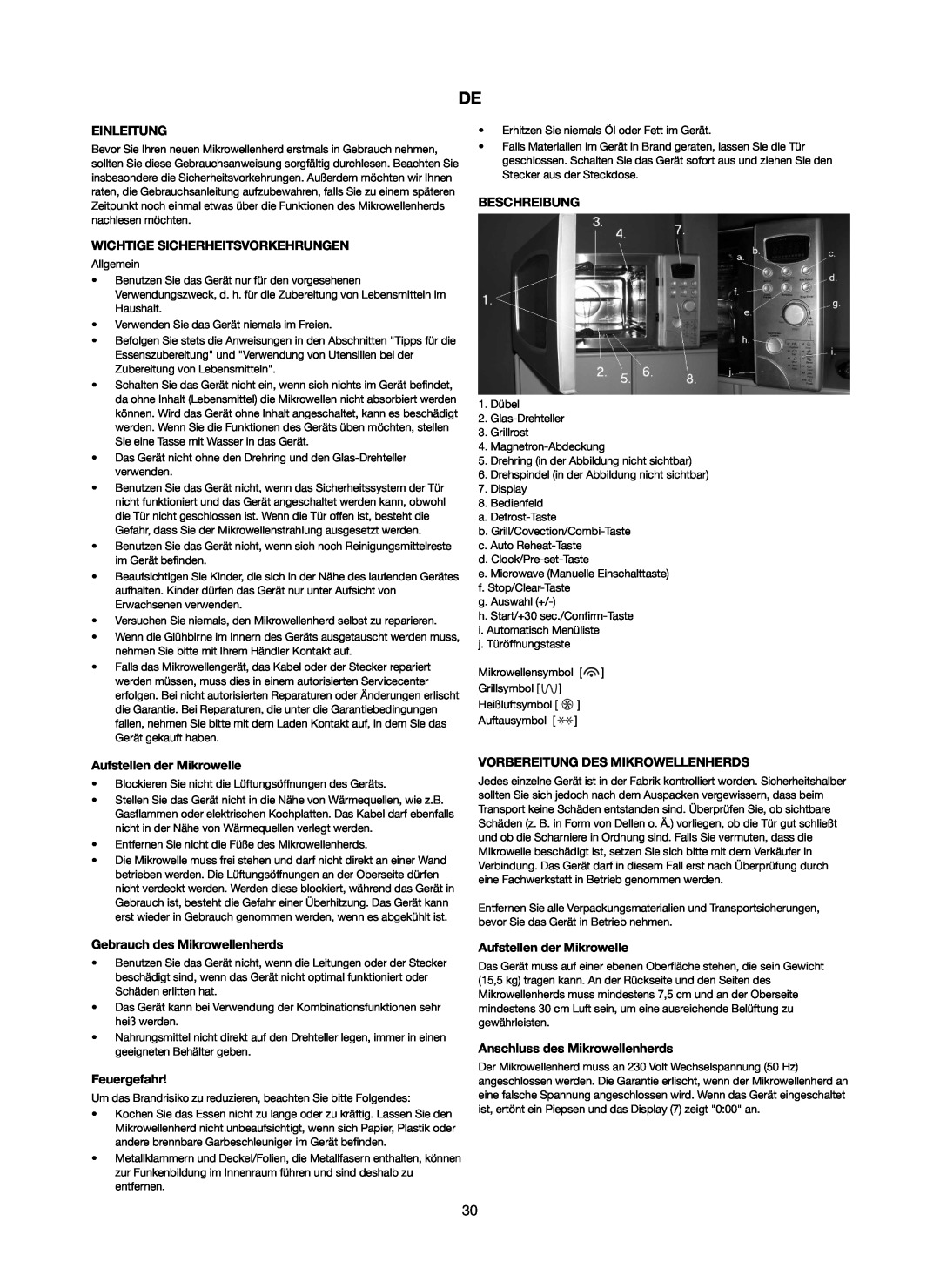 Melissa 253-012 manual Einleitung, Wichtige Sicherheitsvorkehrungen, Beschreibung, Aufstellen der Mikrowelle, Feuergefahr 