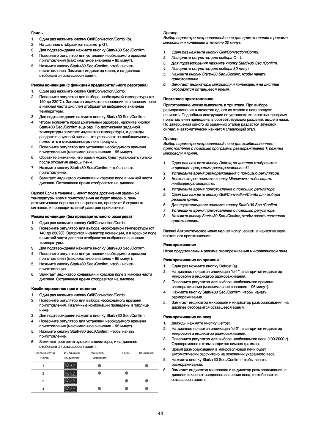 Melissa 253-012 manual Гриль, Режим конвекции с функцией предварительного разогрева, Комбинированное приготовление 