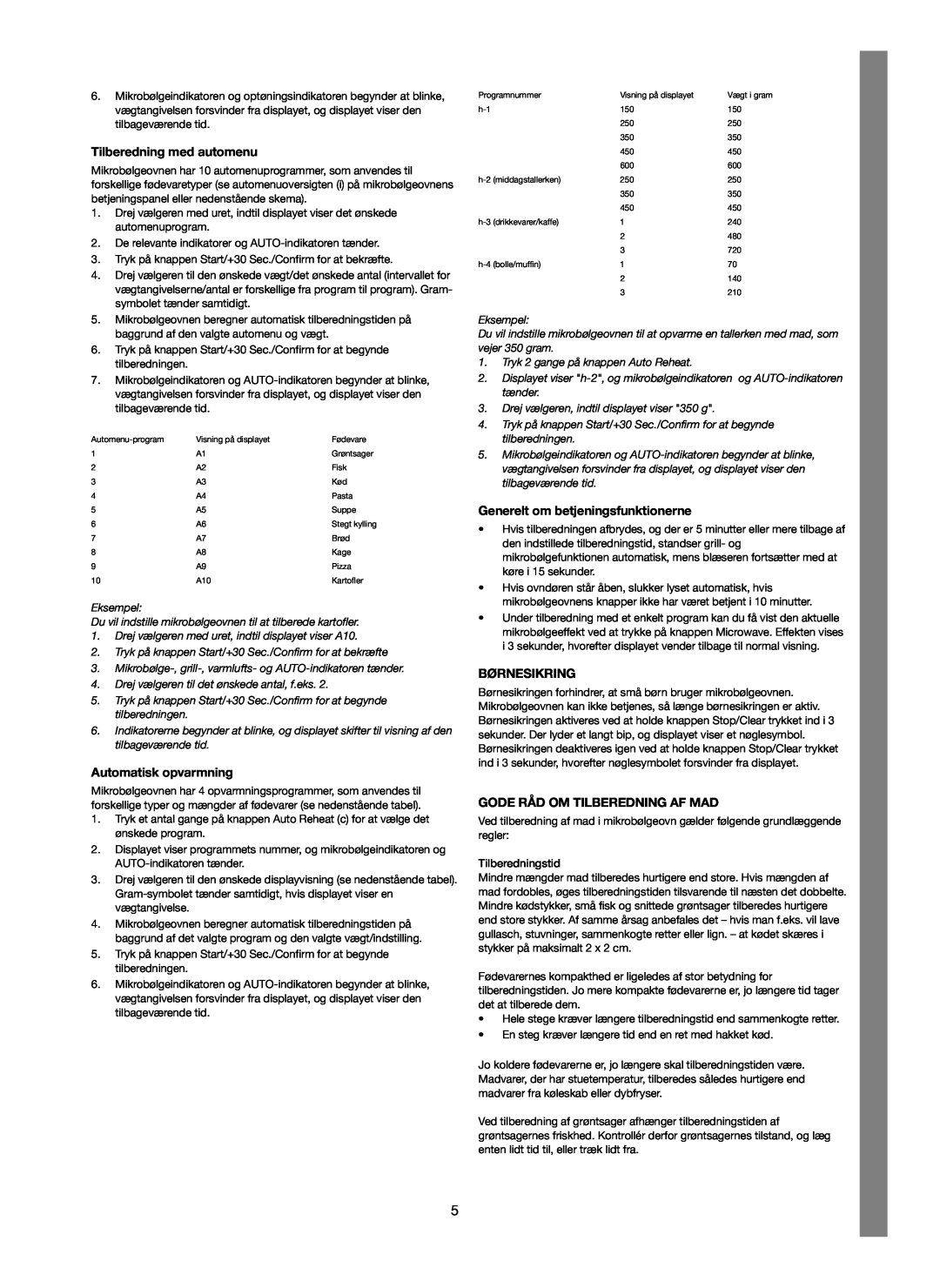 Melissa 253-012 manual Tilberedning med automenu, Automatisk opvarmning, Generelt om betjeningsfunktionerne, Børnesikring 