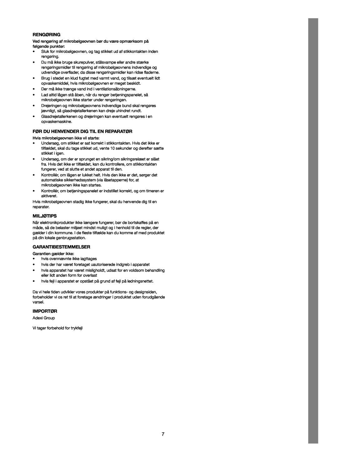 Melissa 253-012 manual Rengøring, Før Du Henvender Dig Til En Reparatør, Miljøtips, Garantibestemmelser, Importør 