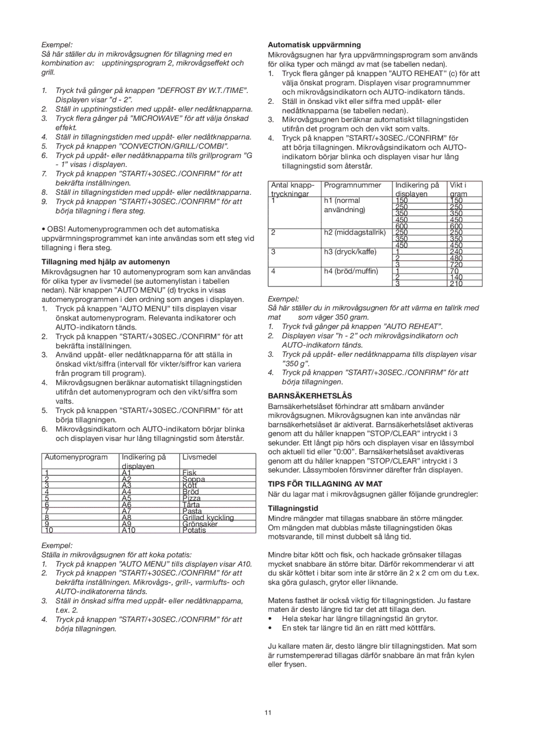 Melissa 253-013 Tillagning med hjälp av automenyn, Automatisk uppvärmning, Barnsäkerhetslås, Tips FÖR Tillagning AV MAT 