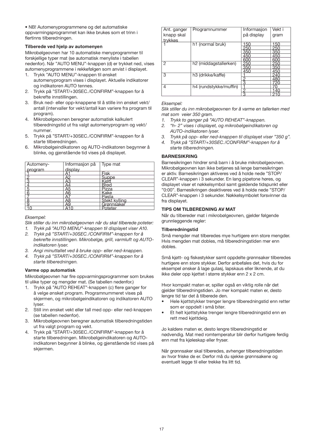 Melissa 253-013 manual Tilberede ved hjelp av automenyen, Varme opp automatisk, Barnesikring, Tips OM Tilberedning AV MAT 