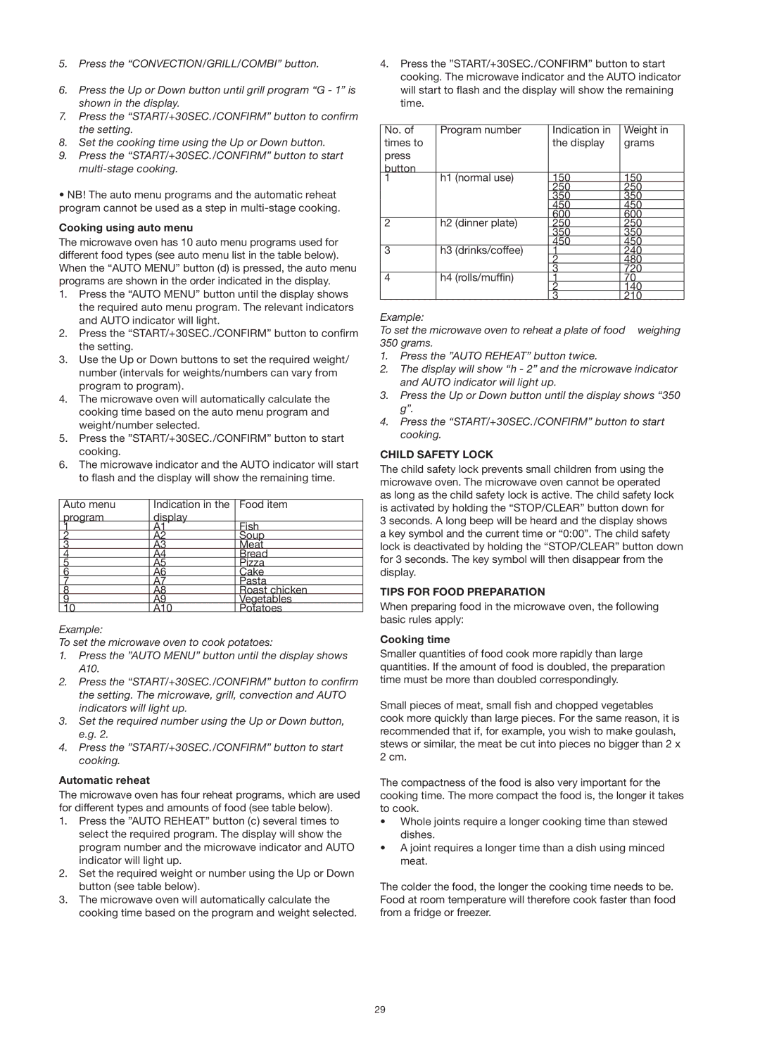 Melissa 253-013 Cooking using auto menu, Automatic reheat, Child Safety Lock, Tips for Food Preparation, Cooking time 