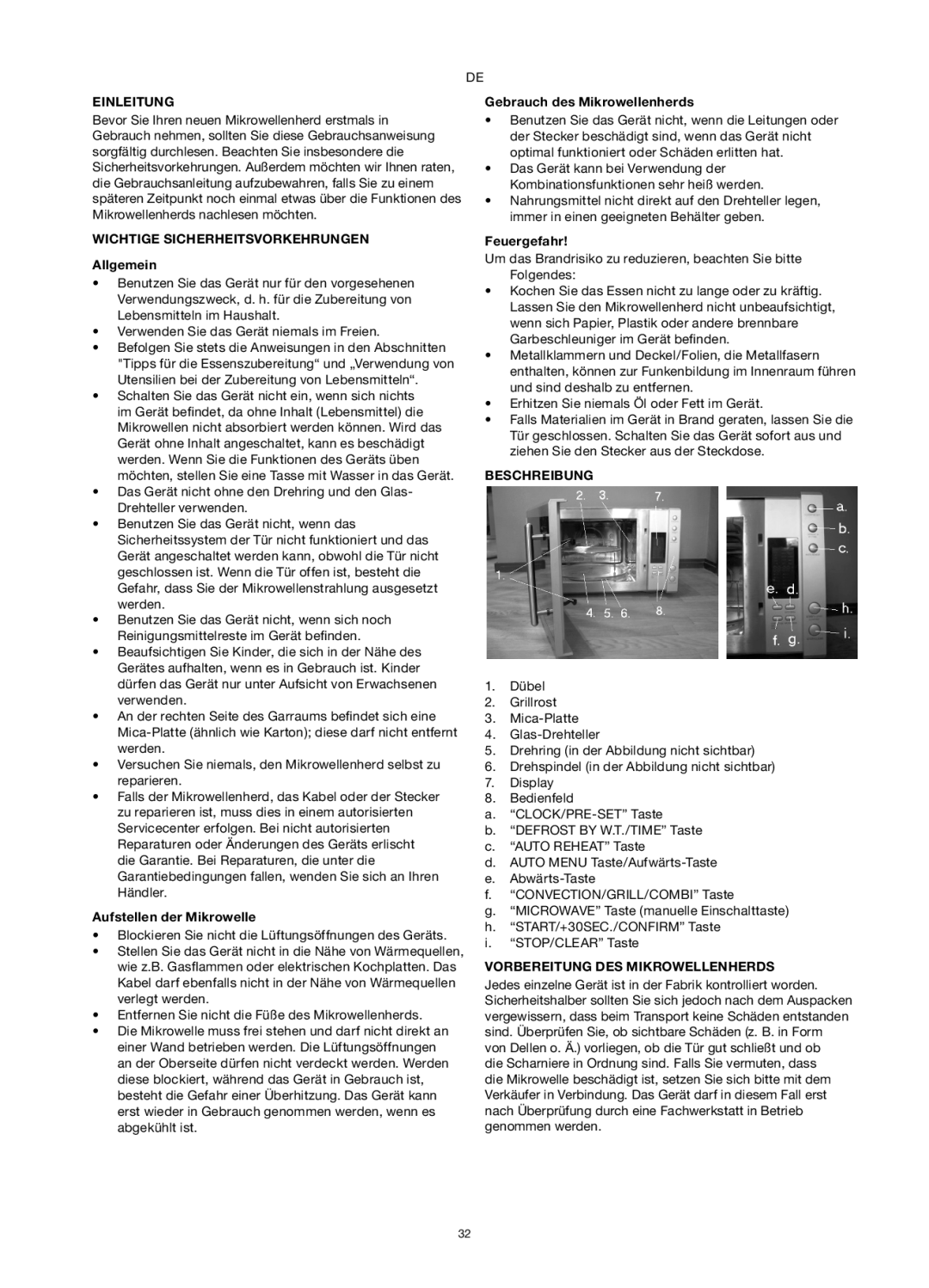 Melissa 253-013 manual Einleitung, Wichtige Sicherheitsvorkehrungen, Beschreibung, Vorbereitung DES Mikrowellenherds 