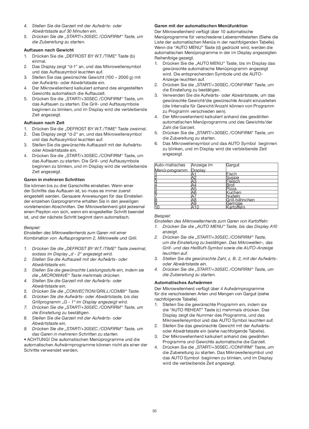 Melissa 253-013 manual Auftauen nach Gewicht, Auftauen nach Zeit, Garen in mehreren Schritten, Automatisches Aufwärmen 