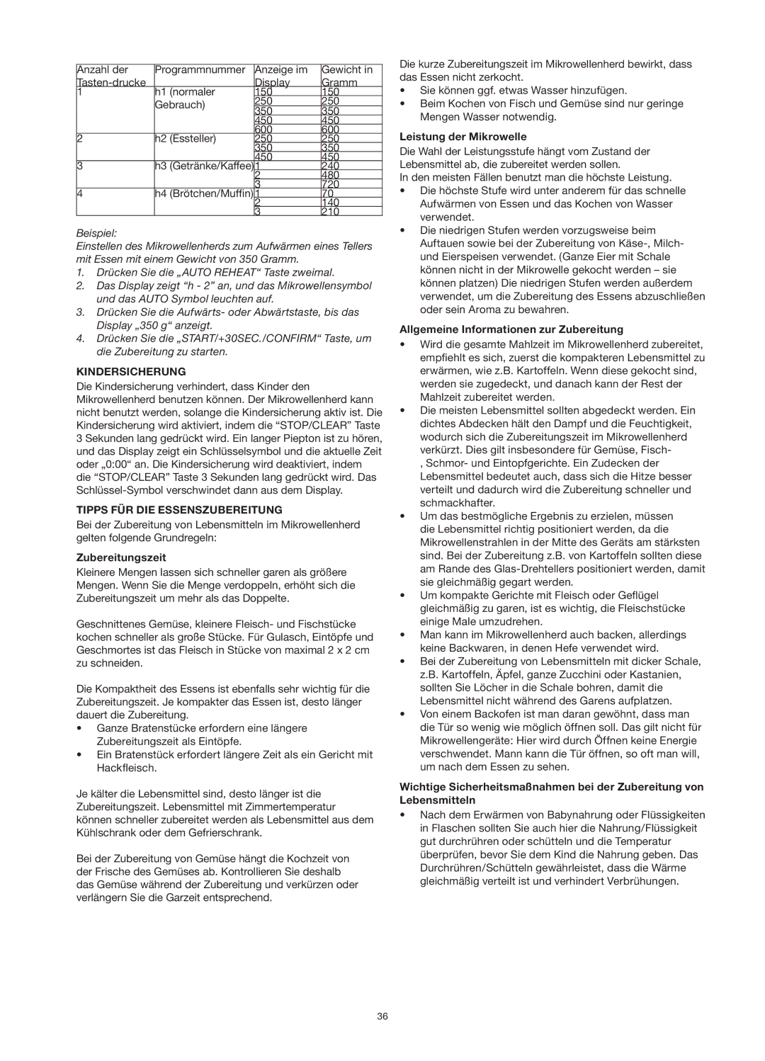 Melissa 253-013 manual Kindersicherung, Tipps FÜR DIE Essenszubereitung, Zubereitungszeit, Leistung der Mikrowelle 