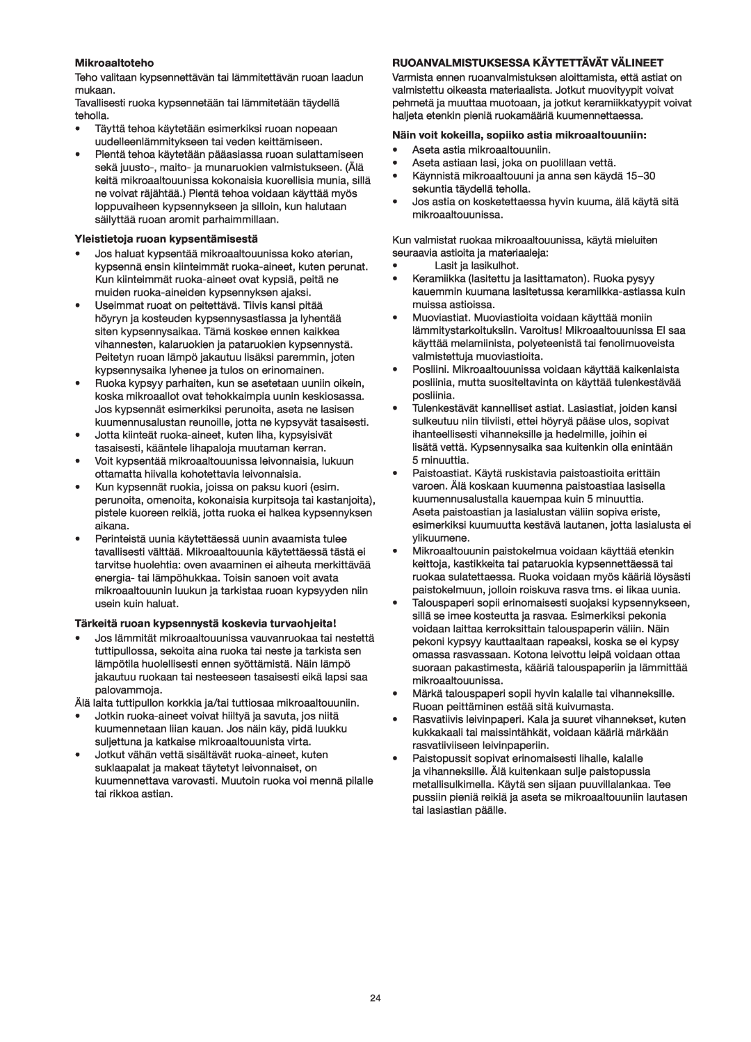 Melissa 253-013 manual Mikroaaltoteho, Yleistietoja ruoan kypsentämisestä, Tärkeitä ruoan kypsennystä koskevia turvaohjeita 