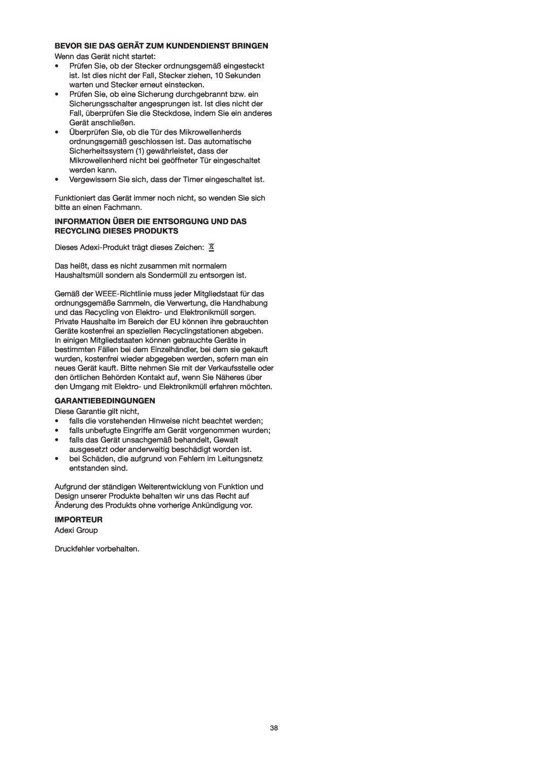 Melissa 253-013 manual Bevor Sie Das Gerät Zum Kundendienst Bringen, Garantiebedingungen, Importeur 