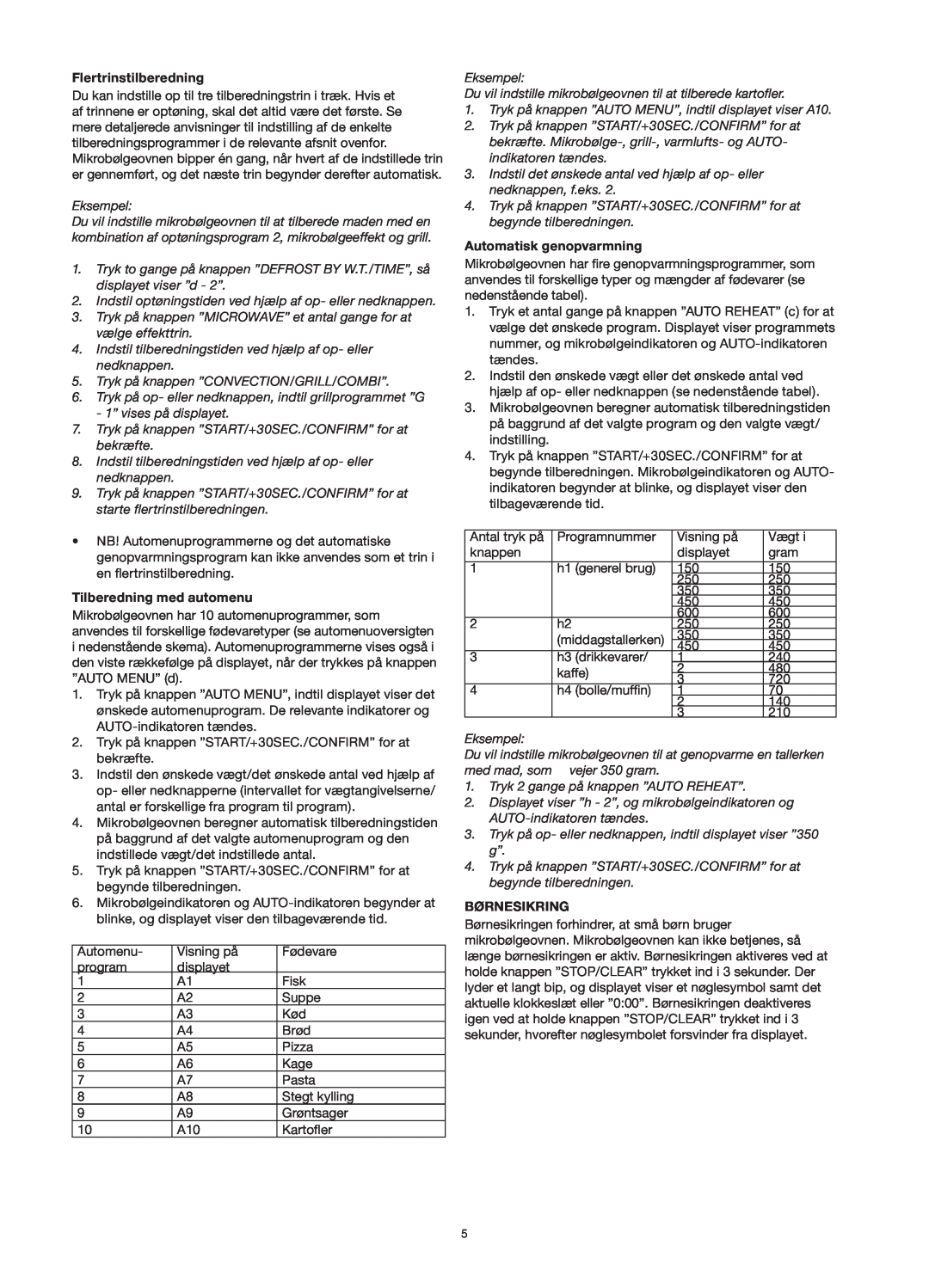 Melissa 253-013 manual Flertrinstilberedning, Tilberedning med automenu, Automatisk genopvarmning, Børnesikring 