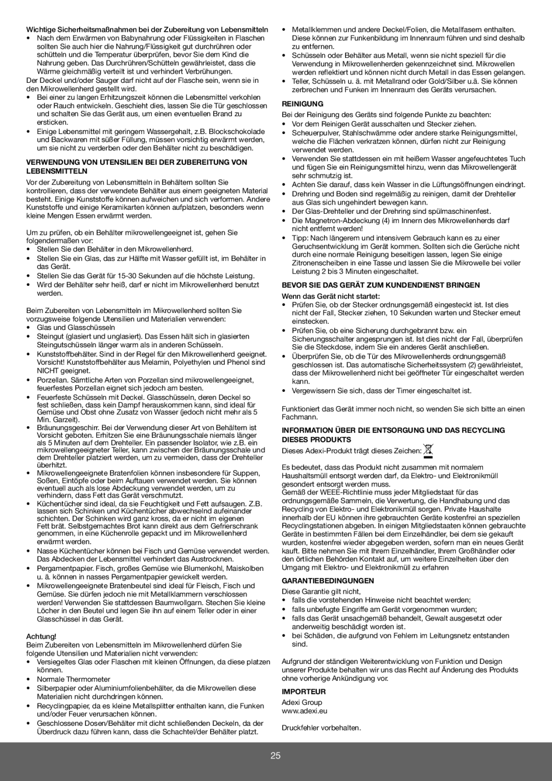 Melissa 253-025 manual Reinigung, Bevor SIE DAS Gerät ZUM Kundendienst Bringen, Garantiebedingungen, Importeur 