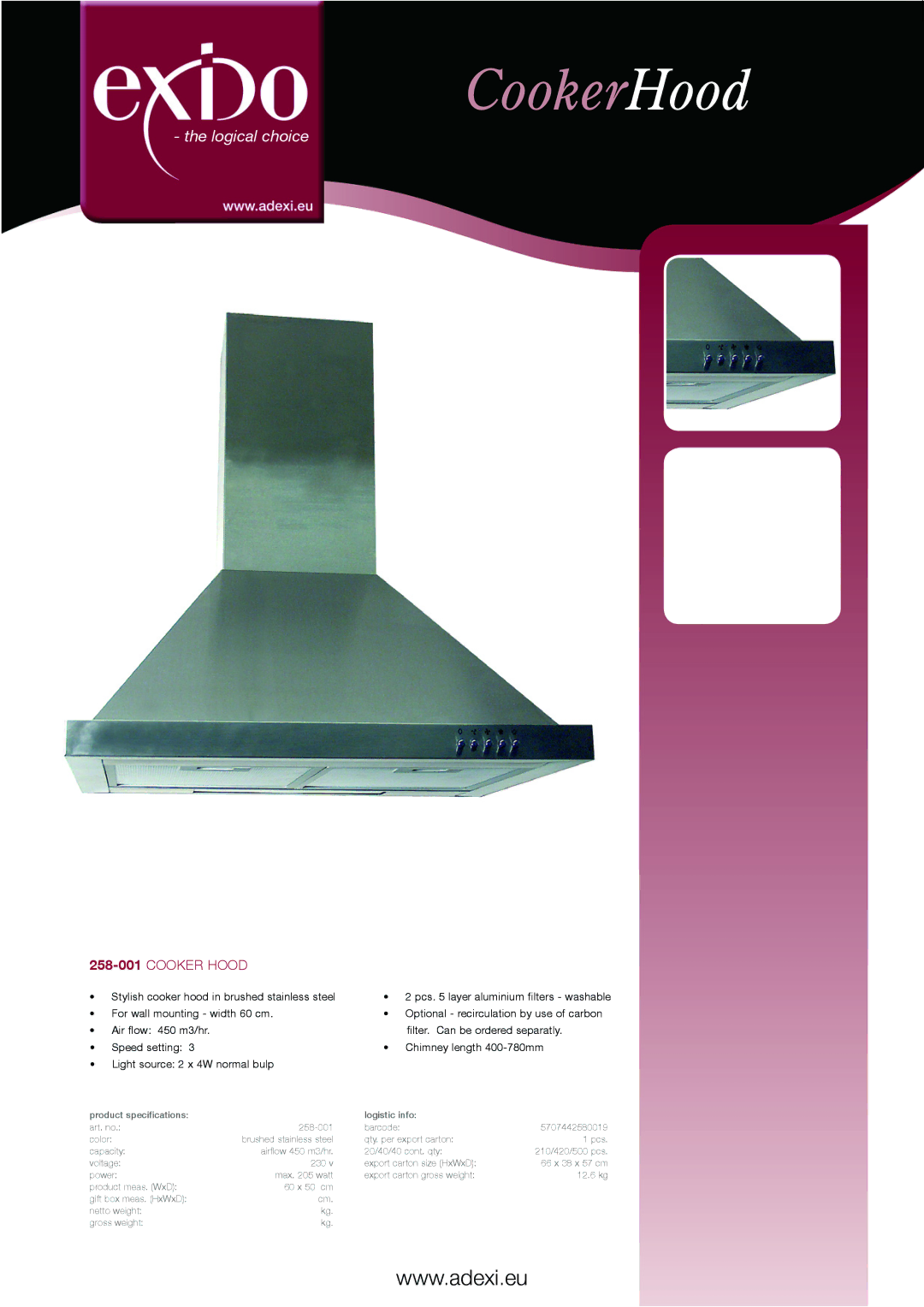 Melissa specifications CookerHood, Logical choice, 258-001Cooker hood 