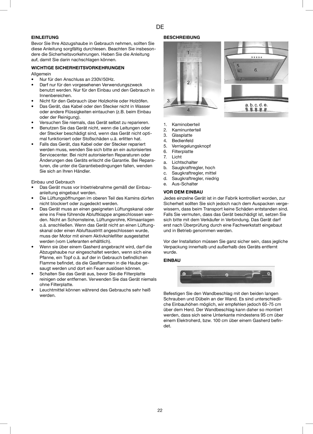 Melissa 258-014 manual Einleitung, Wichtige Sicherheitsvorkehrungen, Beschreibung, VOR DEM Einbau 