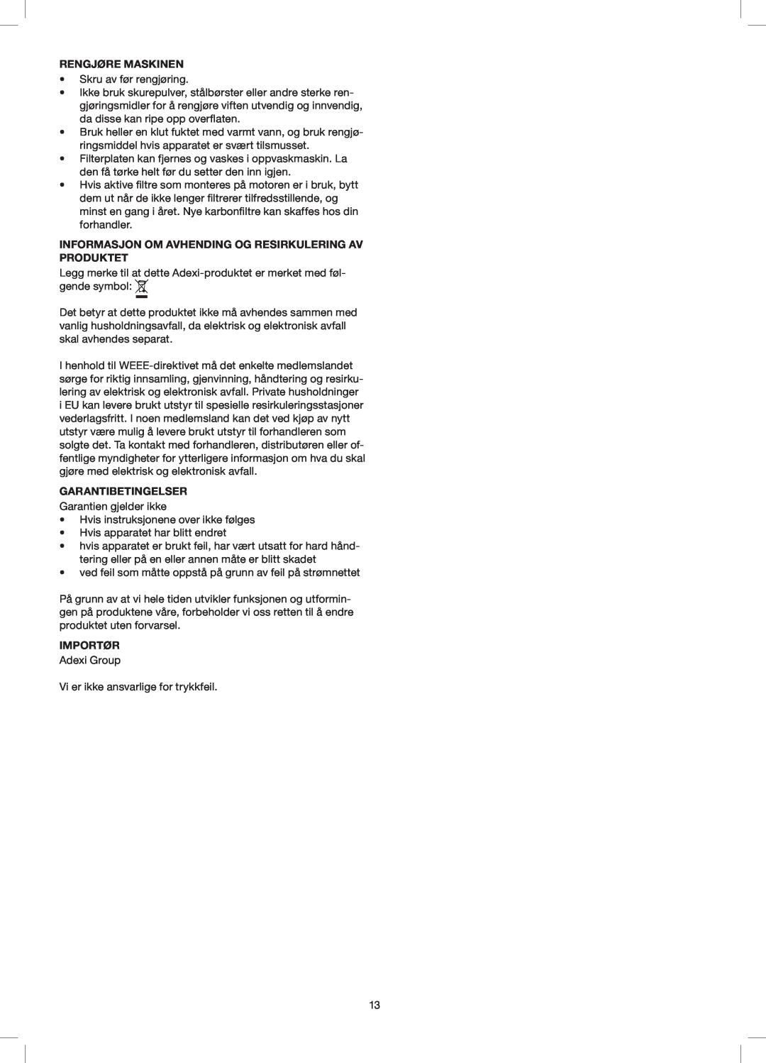 Melissa 258-014 Rengjøre Maskinen, Informasjon Om Avhending Og Resirkulering Av Produktet, Garantibetingelser, Importør 