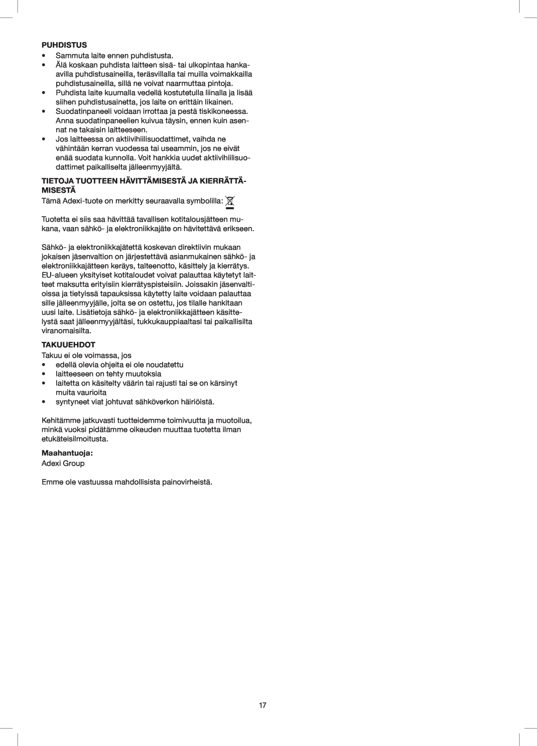 Melissa 258-014 manual Puhdistus, Tietoja Tuotteen Hävittämisestä Ja Kierrättä- Misestä, Takuuehdot, Maahantuoja 