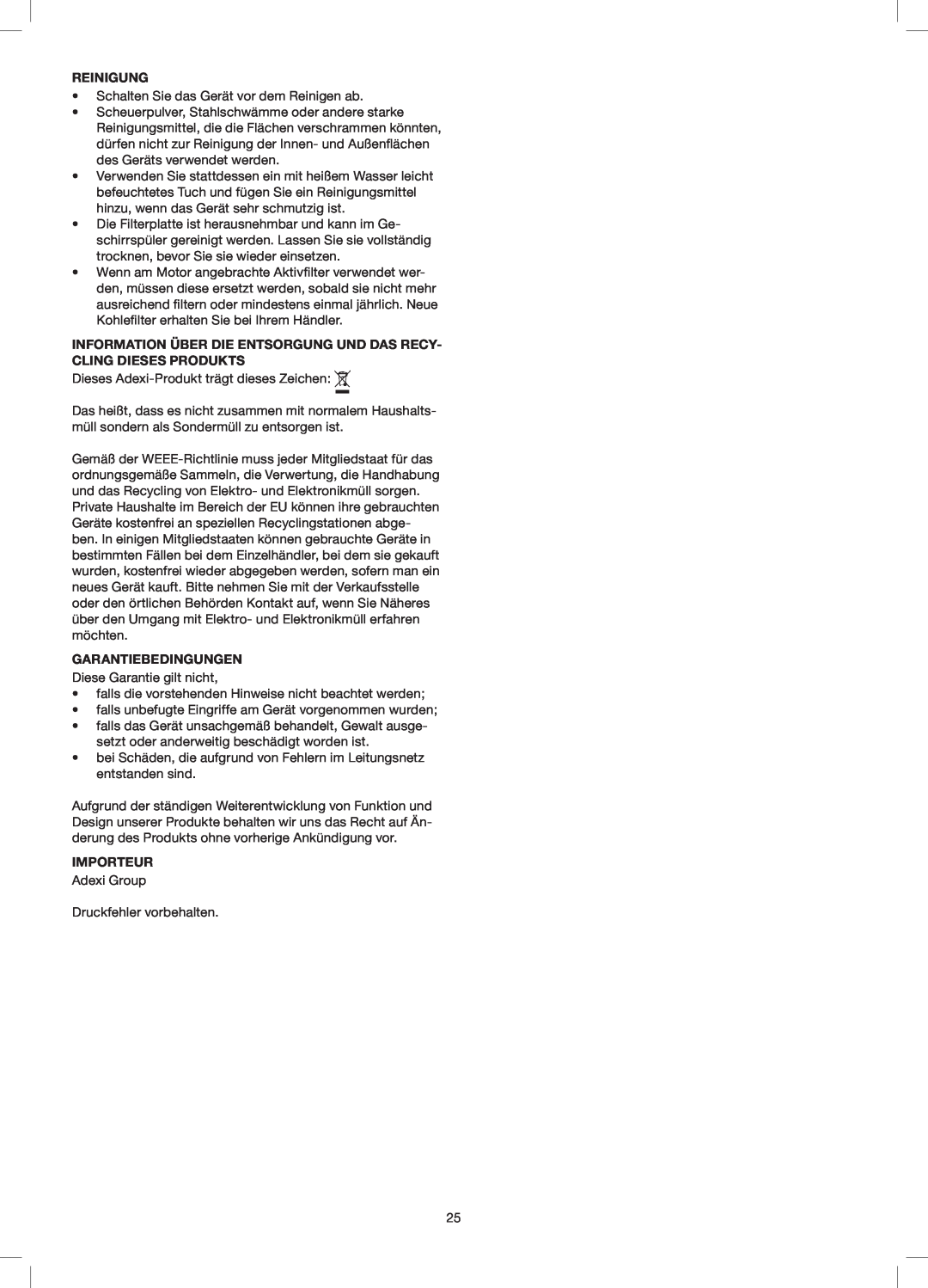 Melissa 258-014 manual Reinigung, Information Über Die Entsorgung Und Das Recy- Cling Dieses Produkts, Garantiebedingungen 