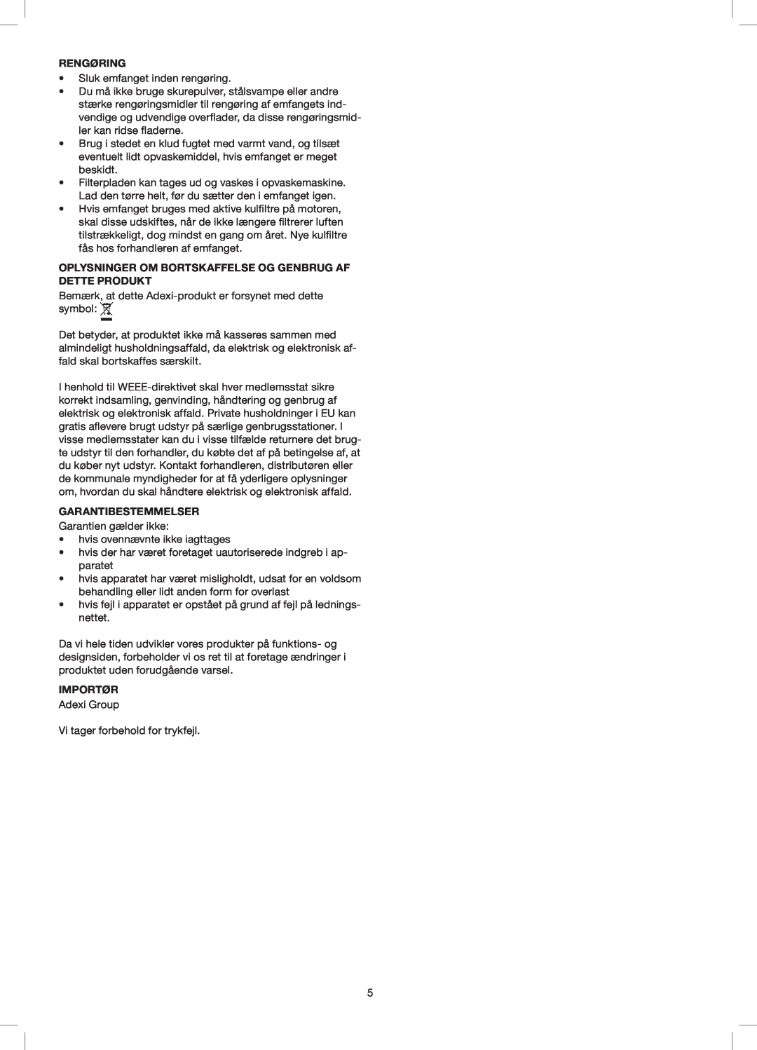 Melissa 258-014 manual Rengøring, Oplysninger Om Bortskaffelse Og Genbrug Af Dette Produkt, Garantibestemmelser, Importør 