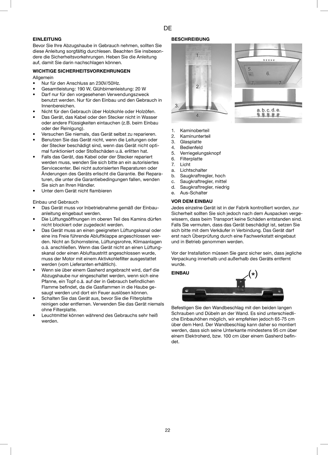 Melissa 258-015 manual Einleitung, Wichtige Sicherheitsvorkehrungen, Beschreibung, VOR DEM Einbau 