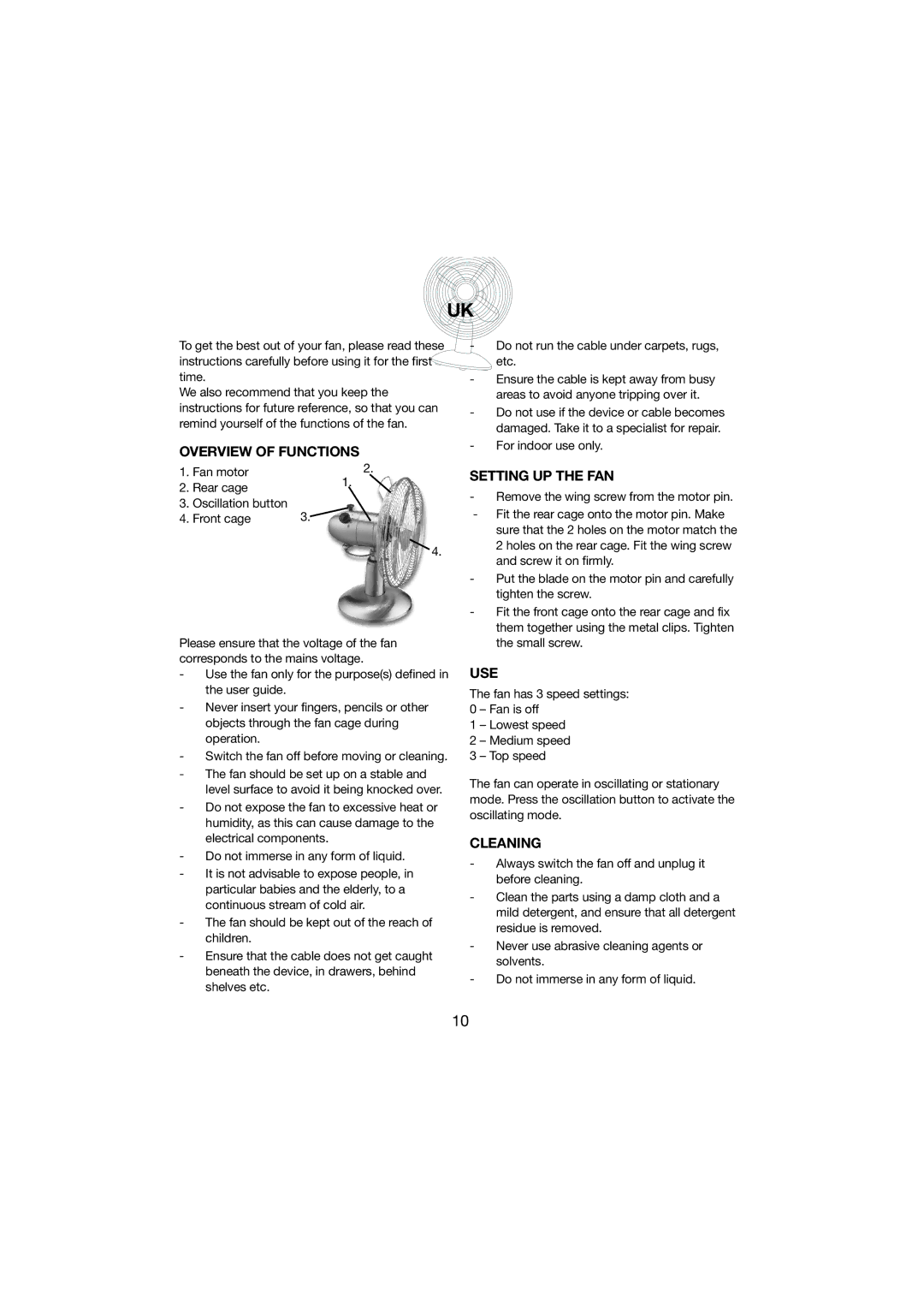 Melissa 271-001 manual Overview of Functions, Setting UP the FAN, Use, Cleaning 