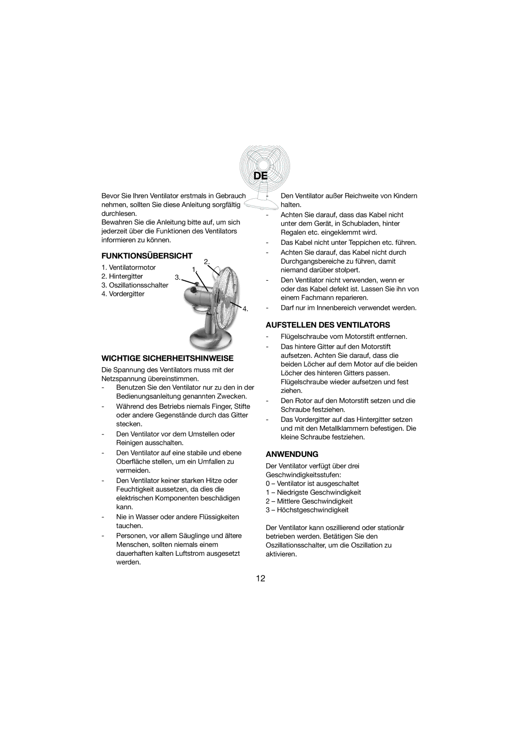 Melissa 271-001 manual Funktionsübersicht, Wichtige Sicherheitshinweise, Aufstellen DES Ventilators, Anwendung 