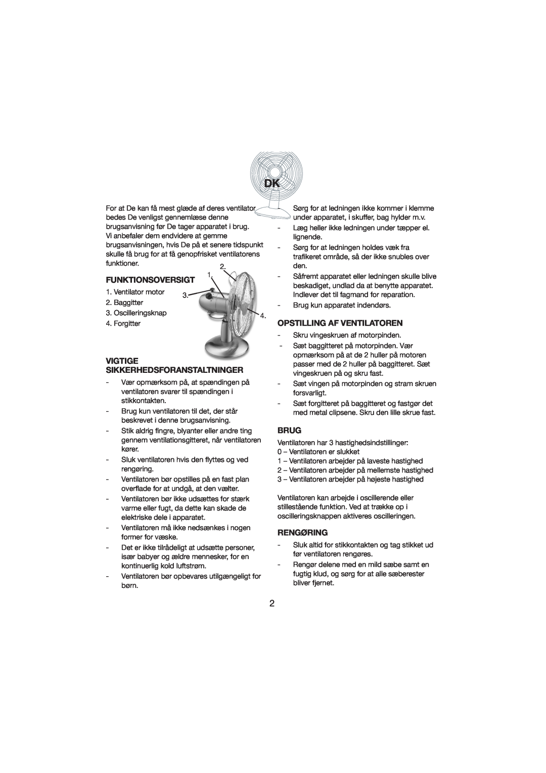 Melissa 271-001 manual Funktionsoversigt, Vigtige Sikkerhedsforanstaltninger, Opstilling Af Ventilatoren, Brug, Rengøring 