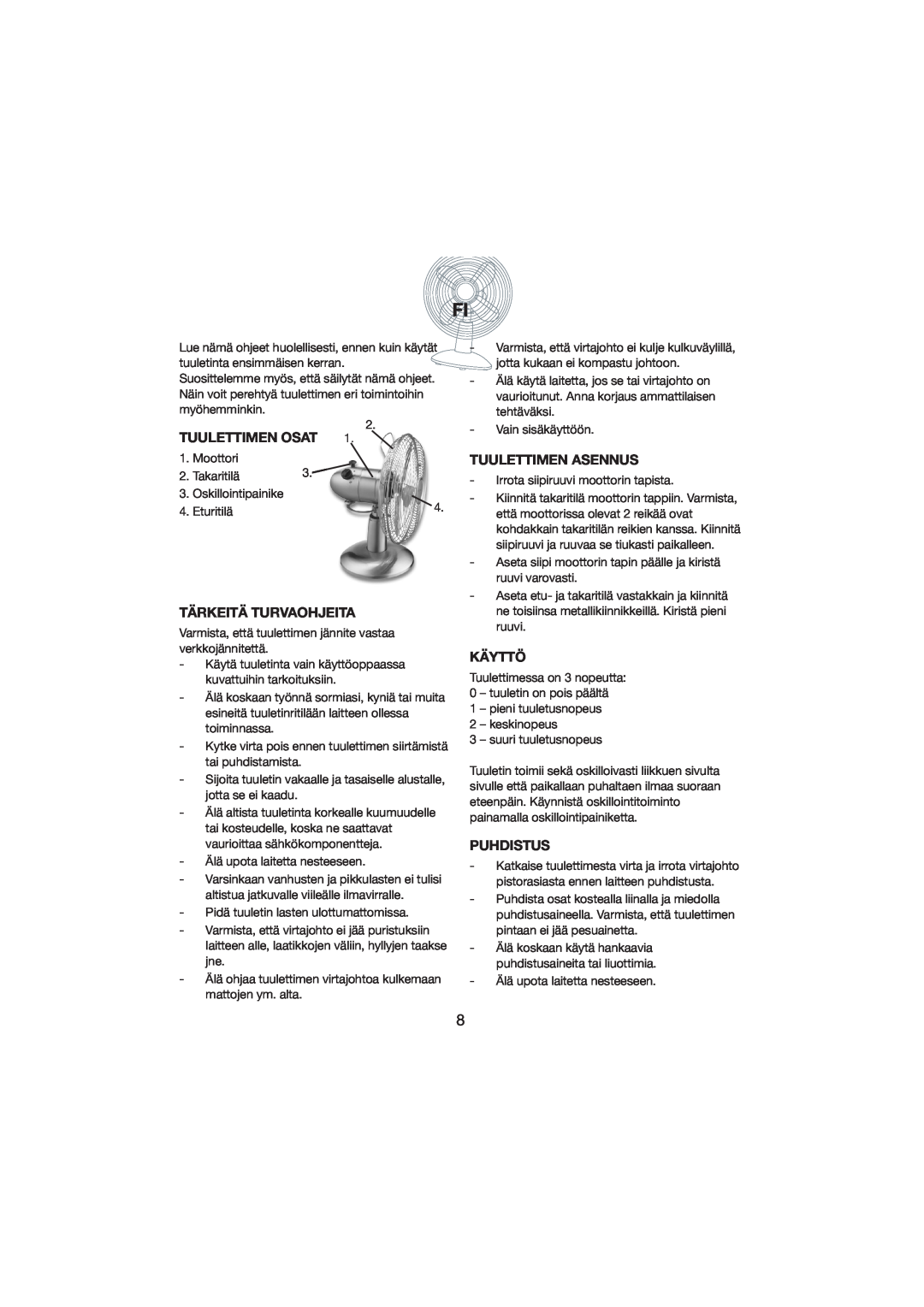 Melissa 271-001 manual Tuulettimen Osat, Tärkeitä Turvaohjeita, Tuulettimen Asennus, Käyttö, Puhdistus 