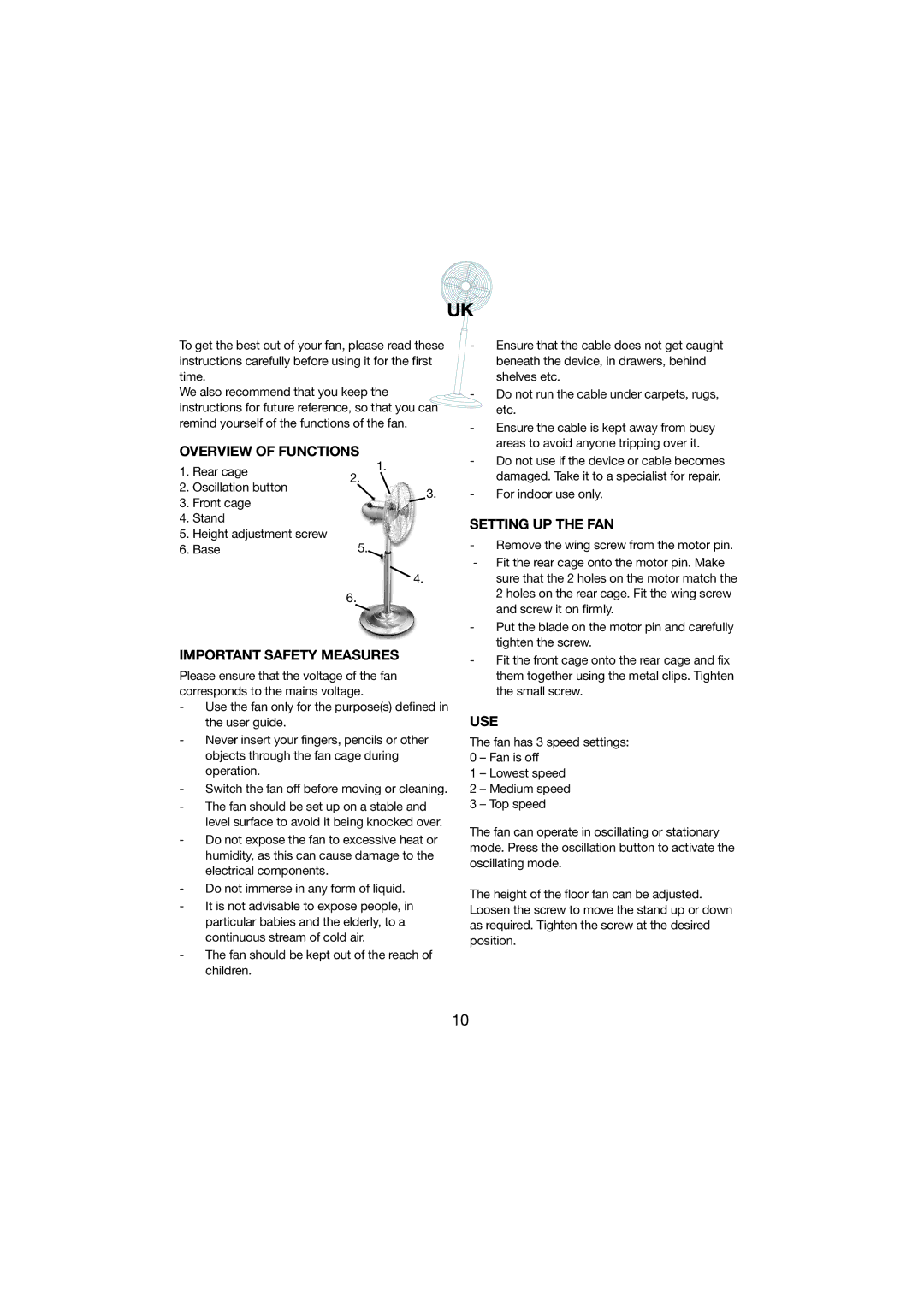 Melissa 271-002 manual Overview of Functions, Important Safety Measures, Setting UP the FAN, Use 