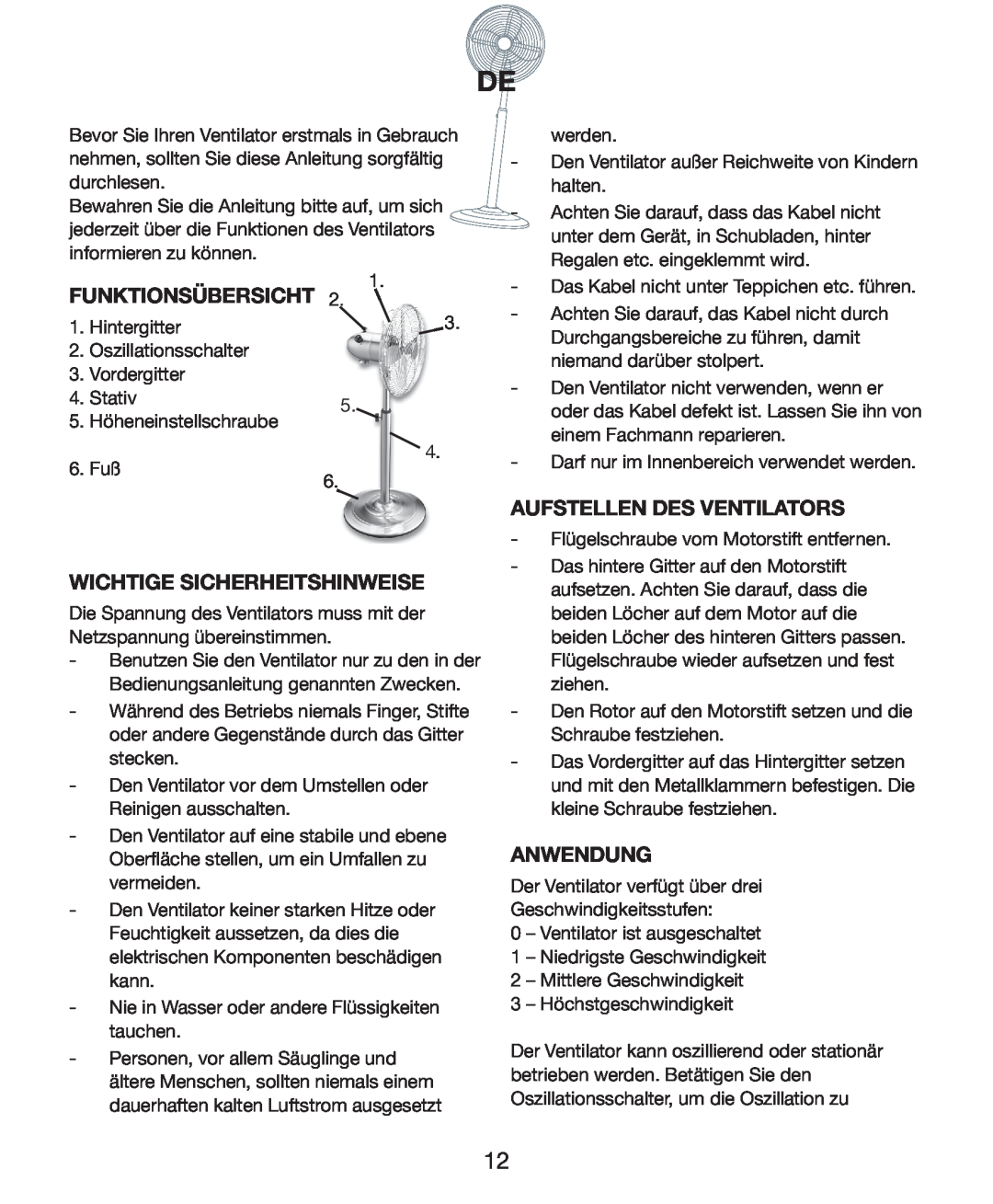 Melissa 271-011 manual Funktionsübersicht, Wichtige Sicherheitshinweise, Aufstellen Des Ventilators, Anwendung 