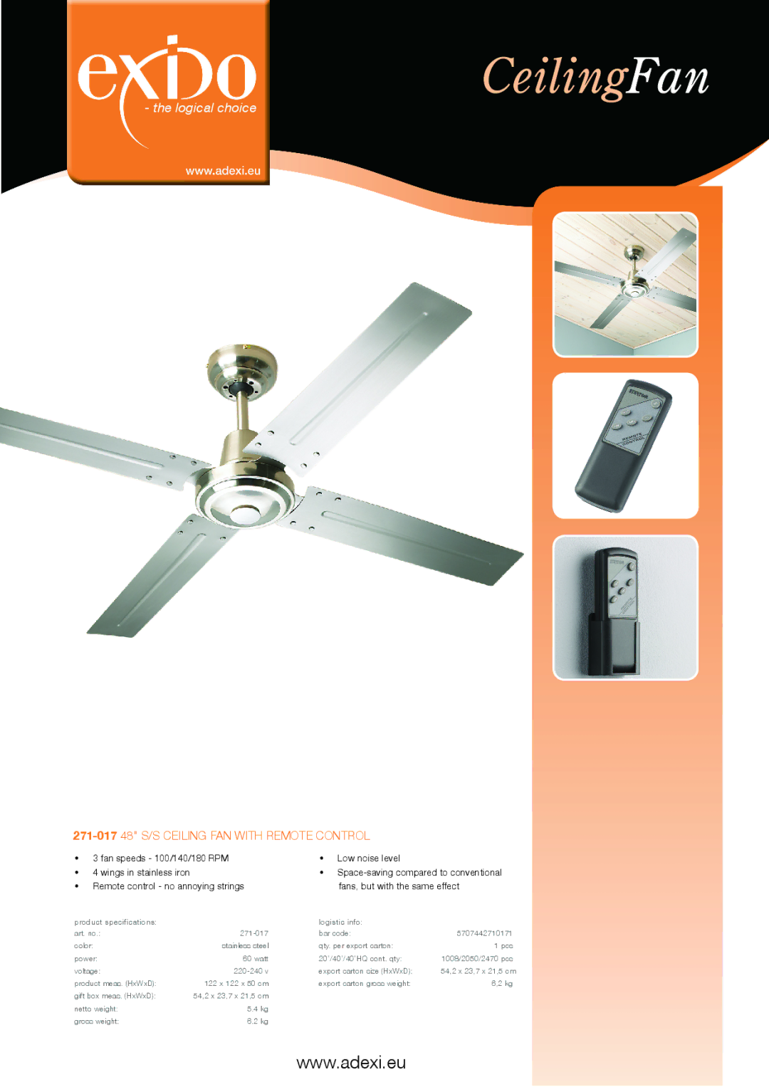 Melissa specifications CeilingFan, Logical choice, 271-01748 S/S ceiling fan with remote control 