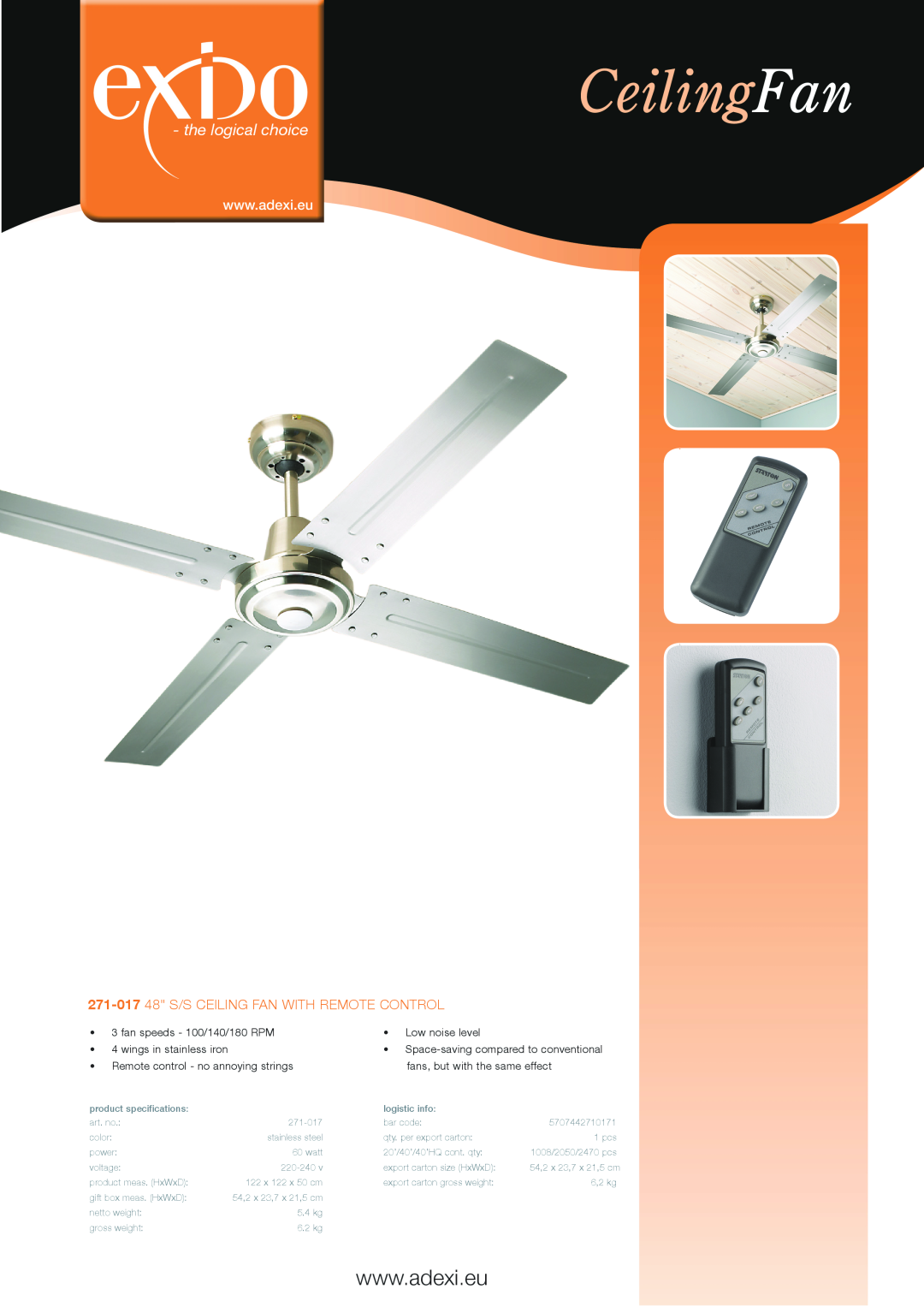 Melissa specifications CeilingFan, the logical choice, 271-017 48 S/S ceiling fan with remote control 