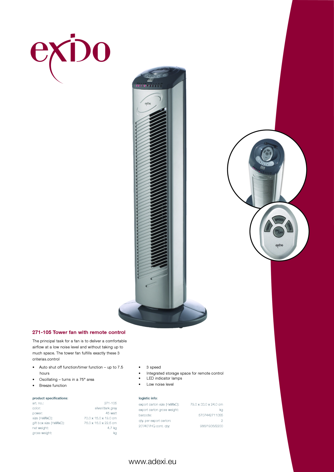 Melissa specifications 271-105Tower fan with remote control 
